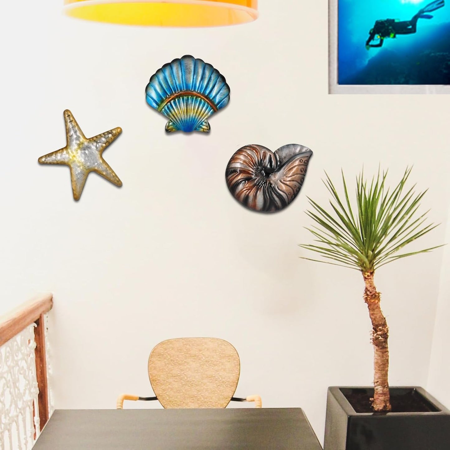 Metal Ocean Wall Sculptures Outdoor Metal Sea Star Conch Wall Art Decor Pool Garden Patio Bathroom Yard Farmhouse Fence Deck