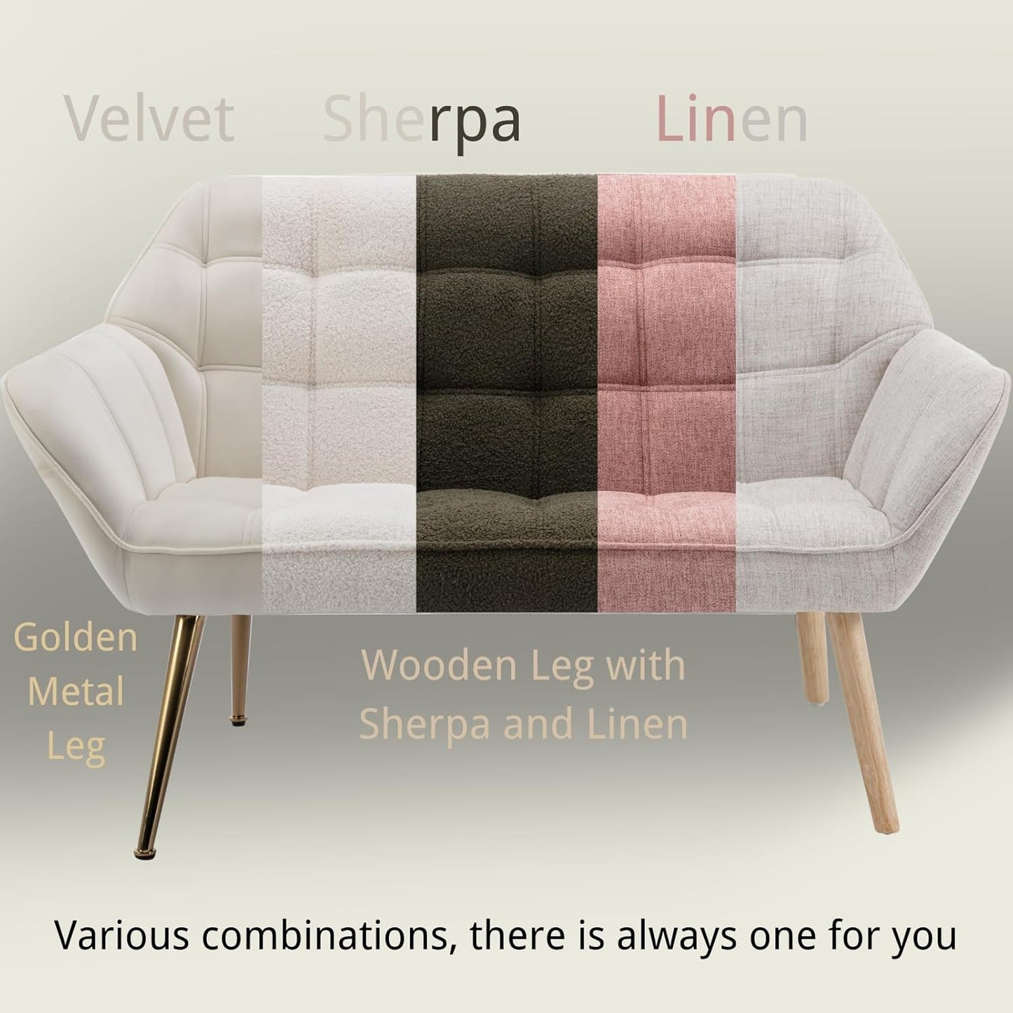 48”Small Loveseat Sofa, Modern Velvet Upholstered Mini Couch 2-Seater Fluffy Love Seat with Quilting Backs and Metal Legs for Small Space Living Room, Bedroom, Beige