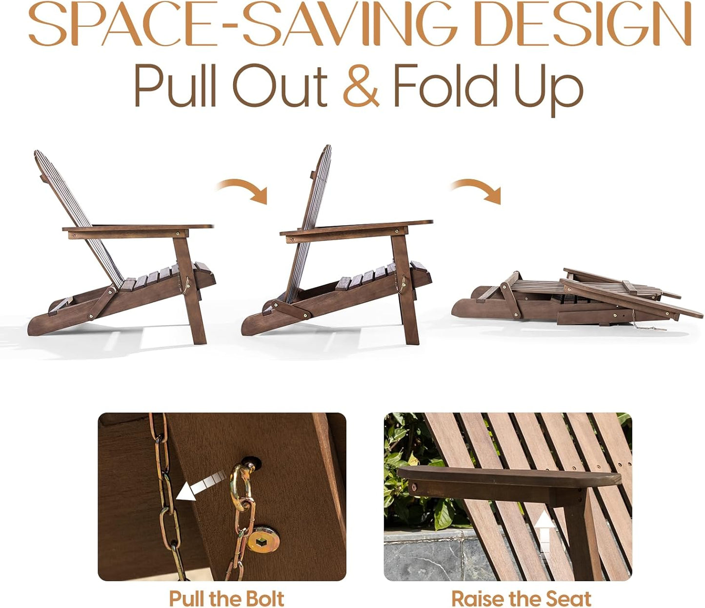 IDZO Outdoor Wooden Folding Adirondack Chair Set of 2 with Pre-Assembled BackRest, Wood Patio Chair for Garden Backyard Porch Pool Deck Firepit