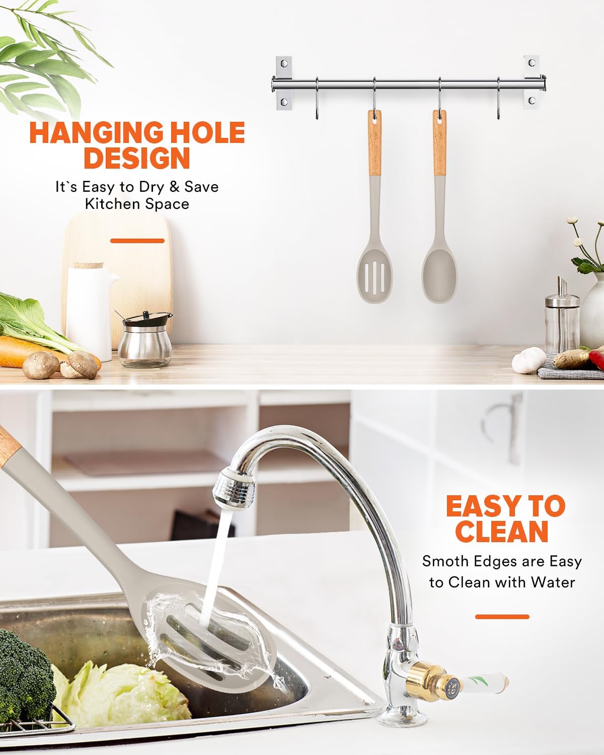 Silicone Cooking Spoons, Great for Scooping Sides and Serving Hearty Stews, BPA-Free Matte Silicone, Wooden Handle Serving Spoon for Nonstick Cooking Surfaces (Khaki)