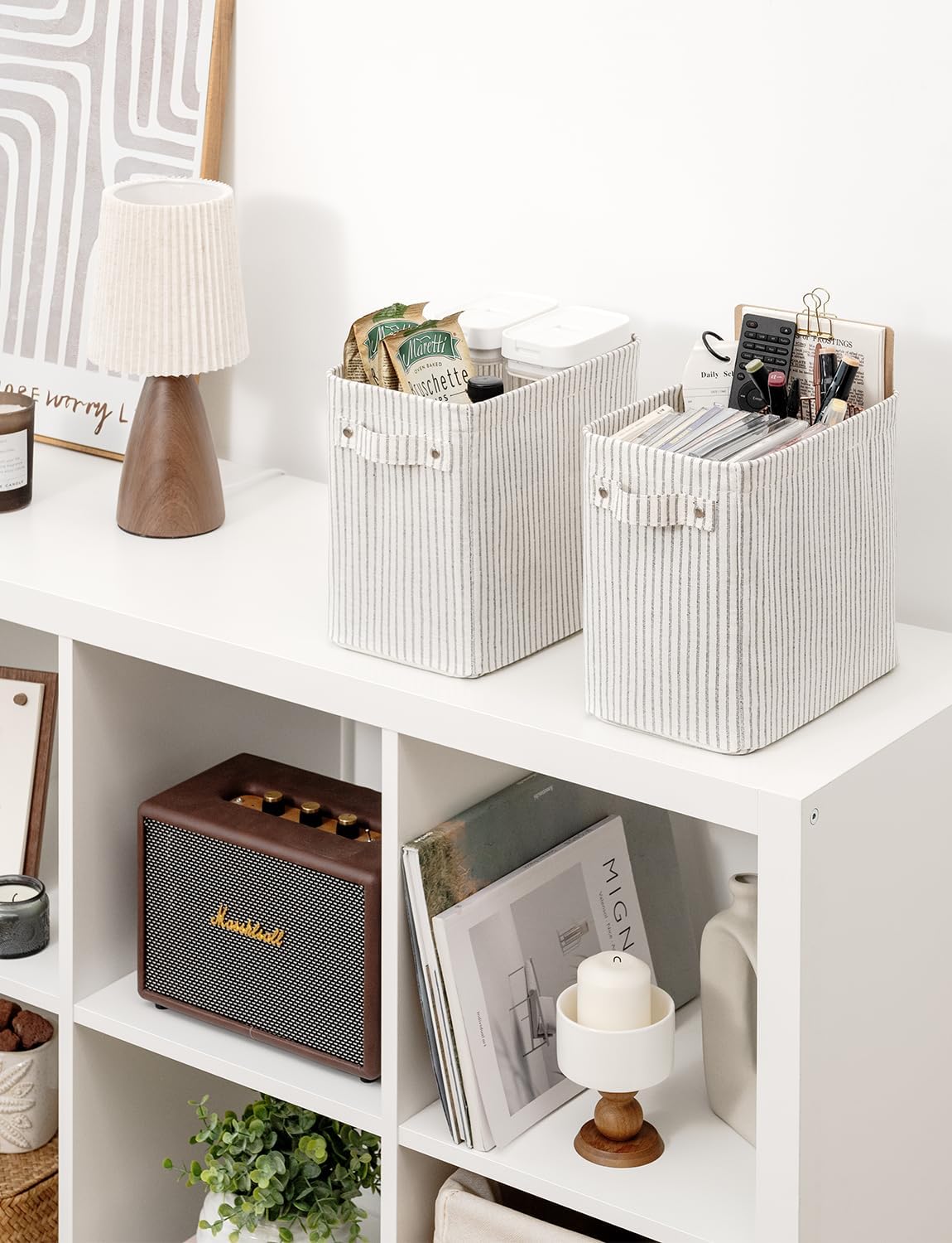 StorageWorks Narrow Storage Bins, Small Basket for Closet and Shelves, Rectangular Fabric Organizer with Handles, Toilet Paper Storage, Gray and White Stripes, 2-Pack