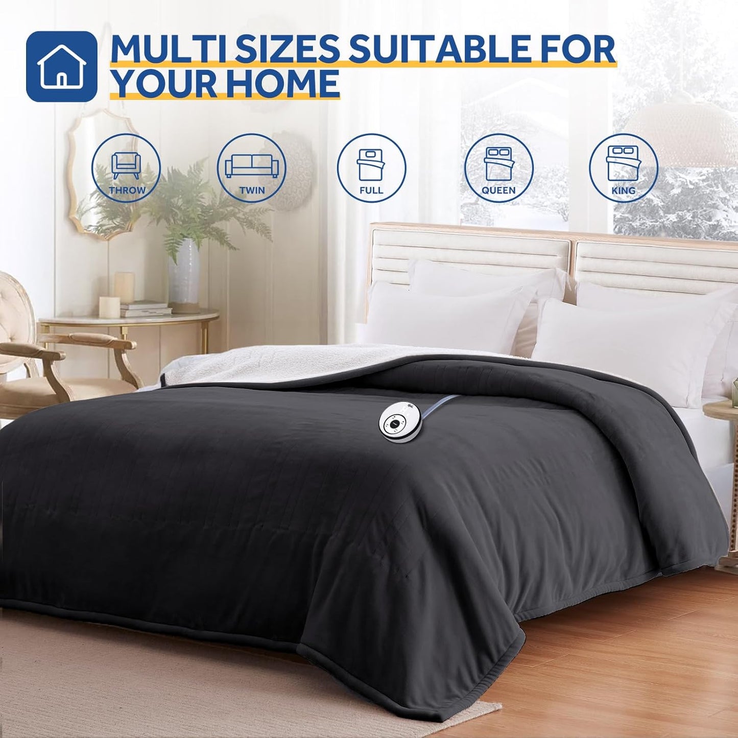 Sealy Electric Blanket Full Size 80"*84",Super Cozy Flannel to Sherpa Reversible Heated Blanket Full Size with 10 Heating Levels & 1-12 Hours Auto Off Overheating Protection Machine Washable, Charcoal