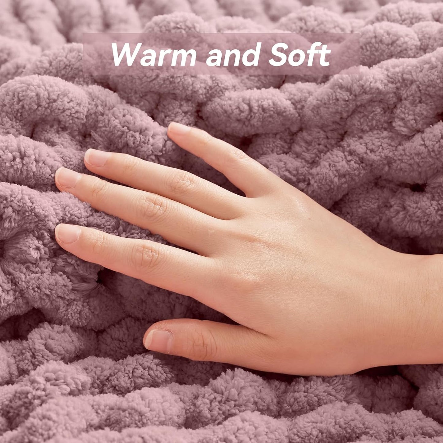 Chunky Knit Throw Blanket, 30''*40'' Knitted Throw Chenille Yarn for Bed Couch, Handmade Muted Pink Crochet Big Thick Blanket, Machine Washable Cute Comfy Blanket for Home Decor