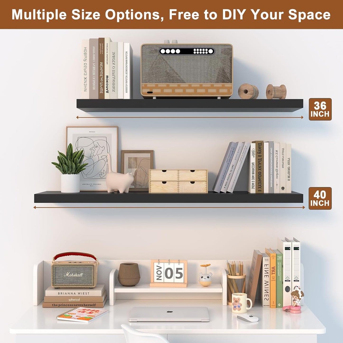 12 Inch Deep Floating Shelves for Wall 1 Pack Floating Shelves Large Storage Space Wall Mount Shelf for Living Room Kitchen Bathroom 24" W x 12" D x 1.2" H Black