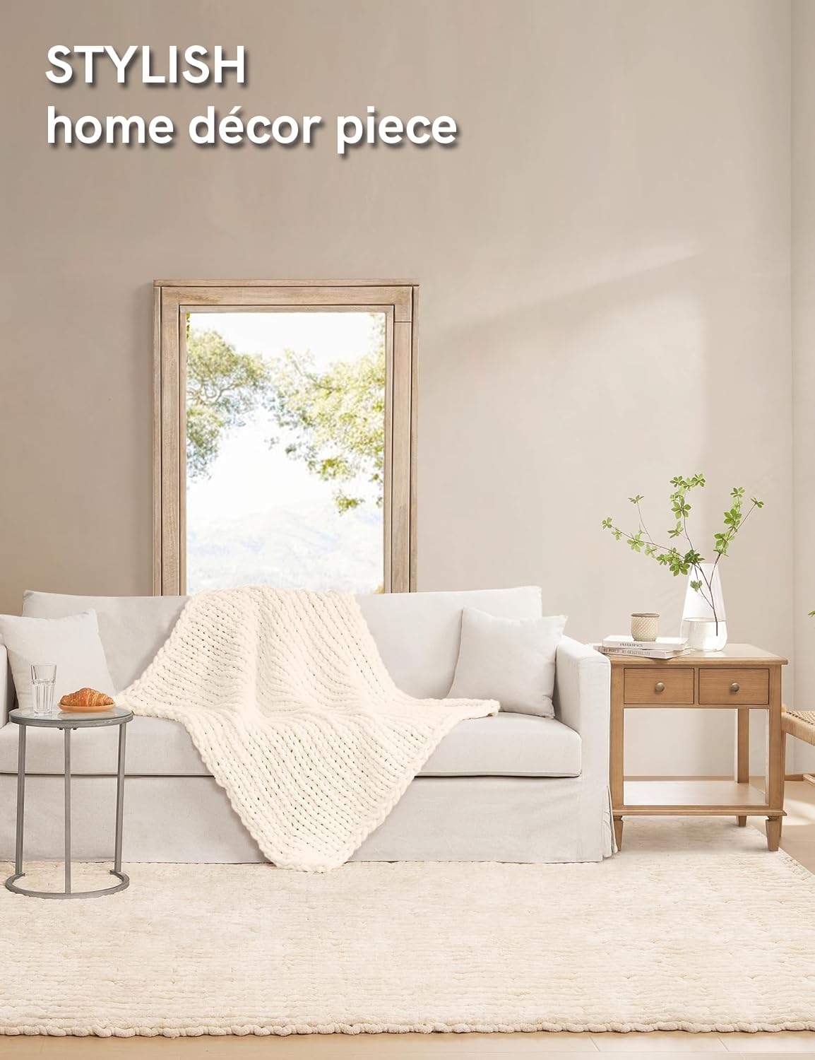 YnM Chunky Throw Blanket, Hand Knitted with Chenille Yarn, Skin Friendly, Ventilated and Breathable, Machine Washable, Home Décor Piece for Couch, Sofa and Bed (Butter Cream, 50x60 Inch)