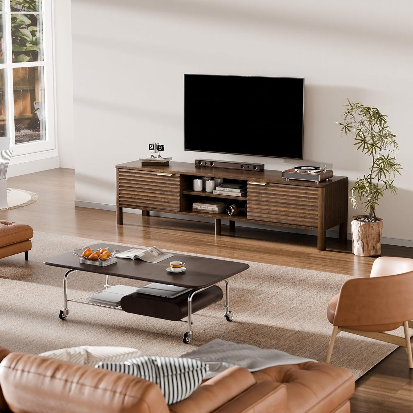 TV Stand for Living Room - up to 65 Inch TVs Mid Century Modern Entertainment Center with Storage and Adjustable Shelves, Media Console Table Walnut 59"