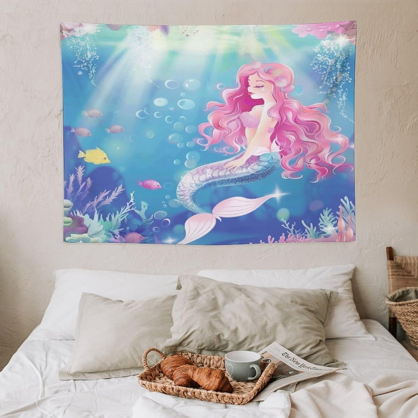 HZOHNAGO Mermaid Girls Tapestry Watercolor Mermaid Princess Pink Hair Pattern for Kids Room Decoration Printed Wall Tapestry Wall Hanging for Bedroom Living Room Dorm 40" W x 30" H