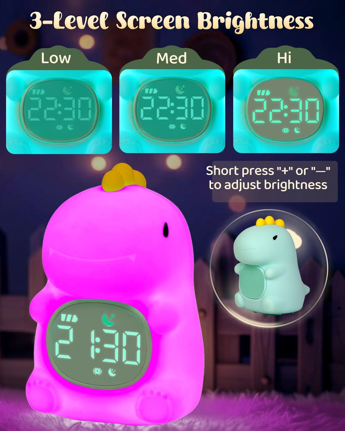 Dinosaus Alarm Clock for Kids with Night Light, Sleep Training Clock Time to Wake Clock, Rechargeable Silicone Light for Bedroom, Perfect Sleep Companion for Boys Girls