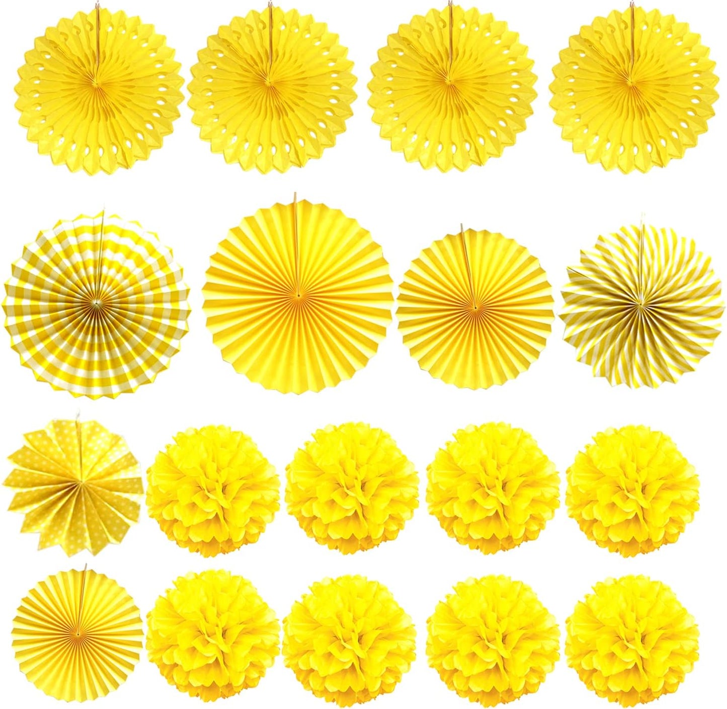 ZERODECO Party Decoration, 21 Pcs Yellow Hanging Paper Fans Pom Poms Flowers, Garlands String Polka Dot and Triangle Bunting Flags for Minnie Mouse Birthday Parties Baby Showers Wedding