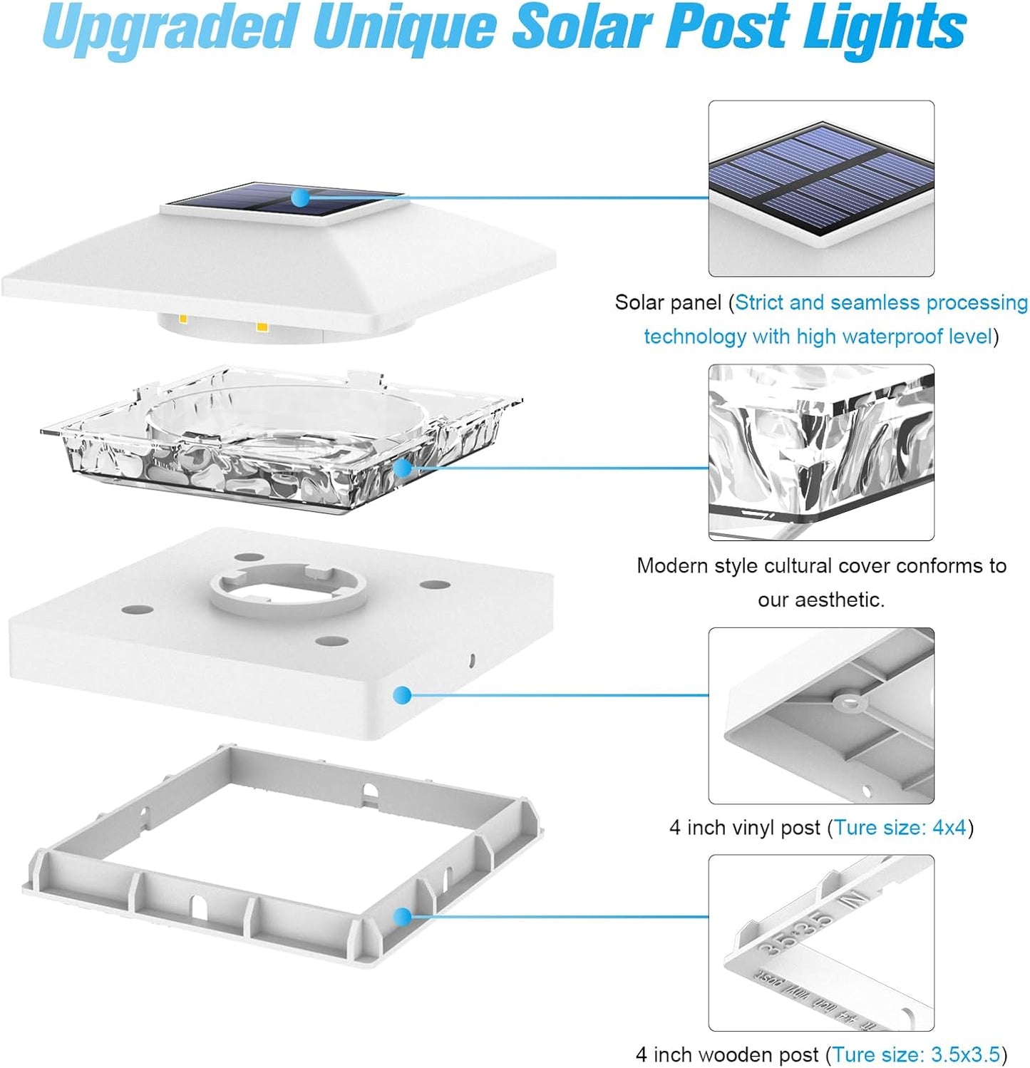 VOLISUN 4x4 Solar Post Cap Light 12pack,Solar Fence - Cap Lights Outdoor Waterproof for Wooden/Vinyl Post,White Deck Post Cap Light Solar Powered with Warm White for Garden/Patio/Porch