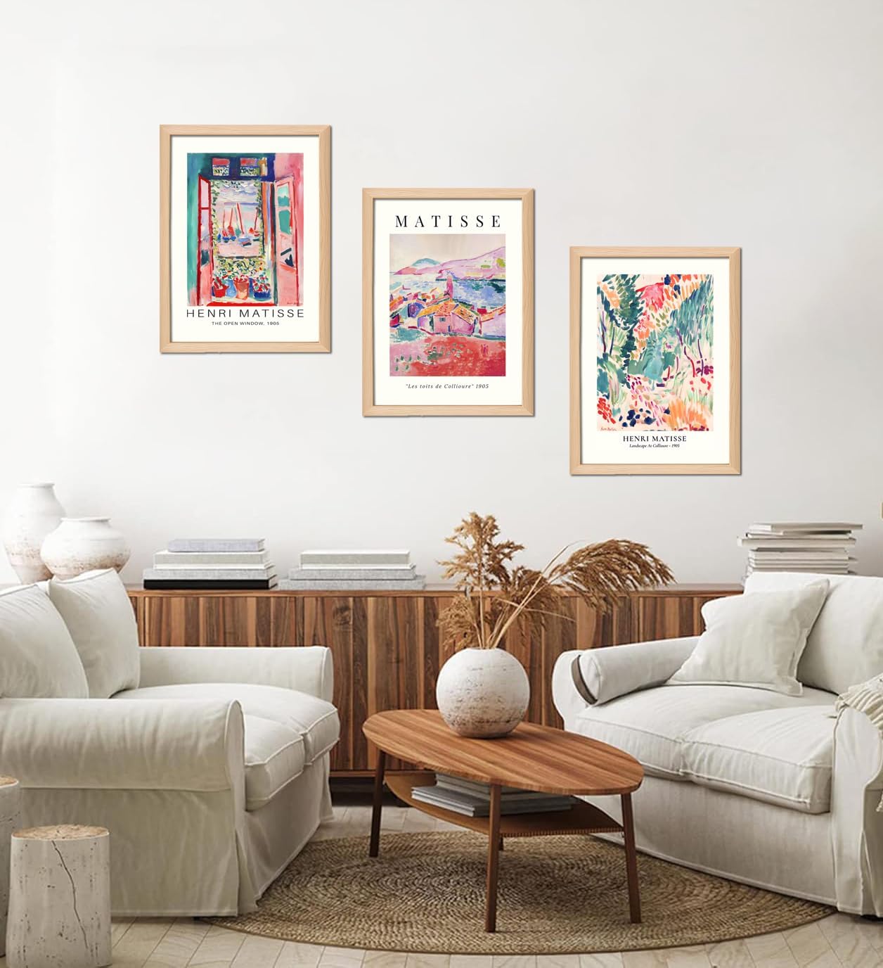 Wooden Framed Matisse Wall Art Set of 3 Abstract Henri Matisse Posters Vintage Flower Market Canvas Prints Open Window Painting Artwork Picture Aesthetic Room Decor for Bedroom Living Room 16x24in