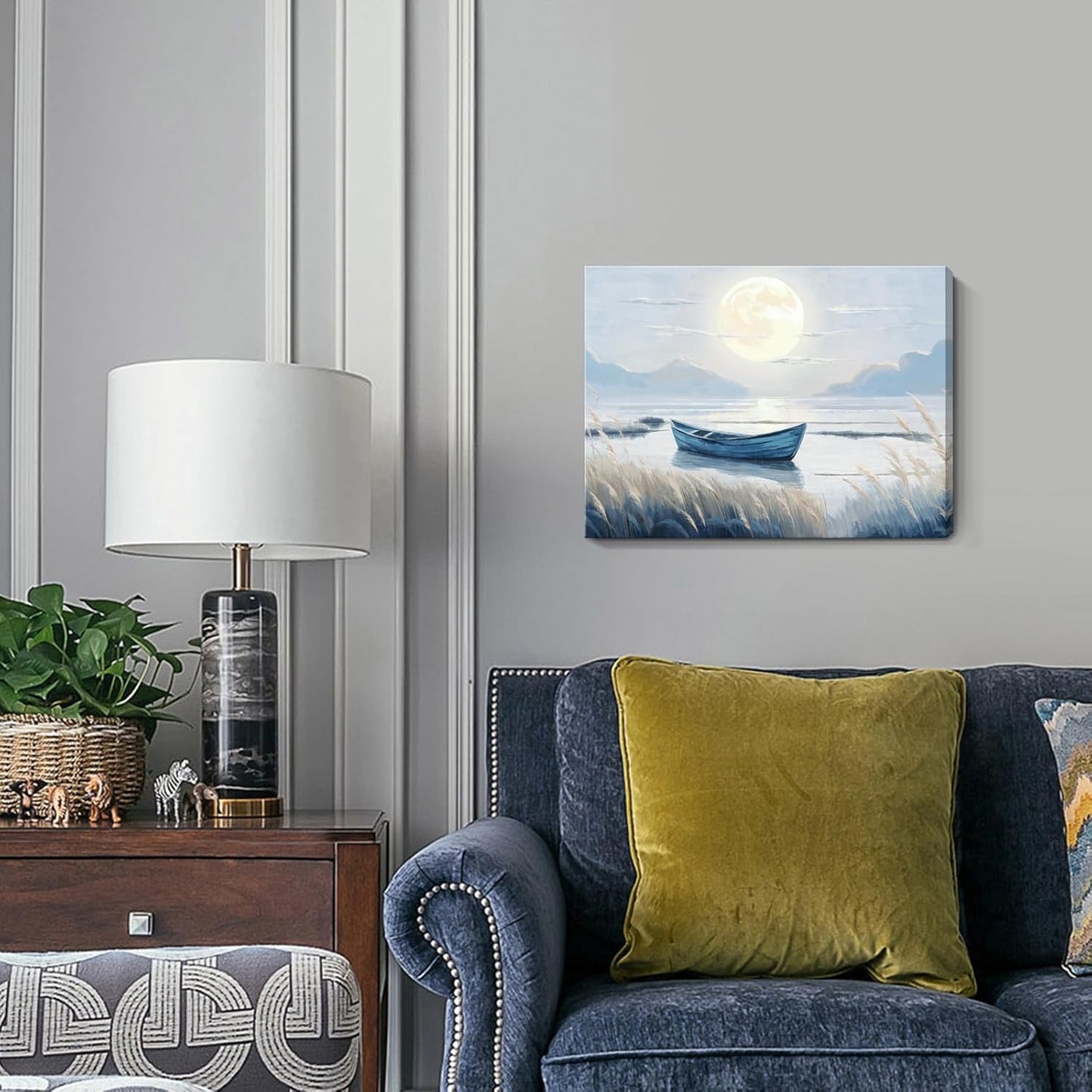 amatop Coastal Bathroom Wall Art Blue Beach Nautical Ocean Nature Canvas Picture with Boat Moon Lake Mountain Sea Relaxing Serene Landscape Gallery Wrapped Artwork for Modern Home Bedroom Decor 16x12