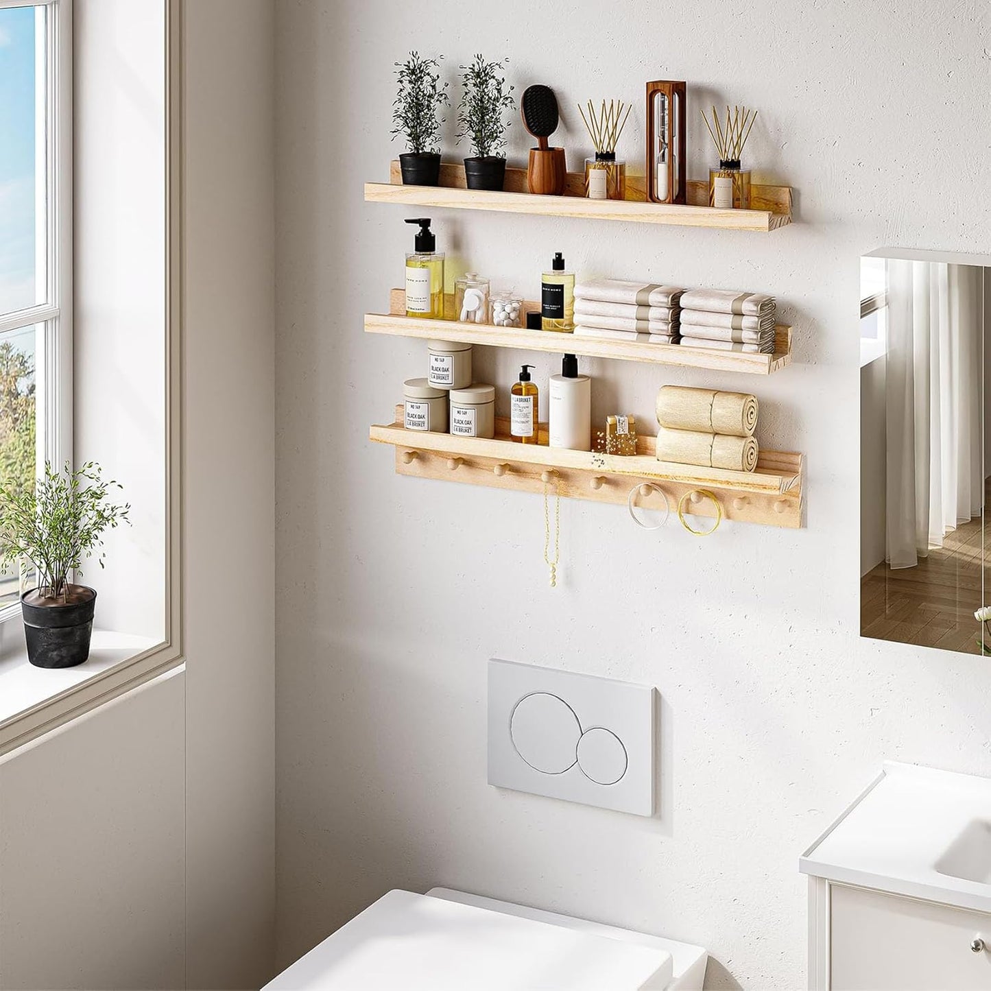 MBYD Wood Wall Shelf With Hooks Floating Shelves for Wall Bathroom Shelves Wall Mounted Nursery Floating Bookshelf for Kids Room Toy Storage Shelf for Bedroom Picture Frames Kitchen (Natural, 36 Inch)