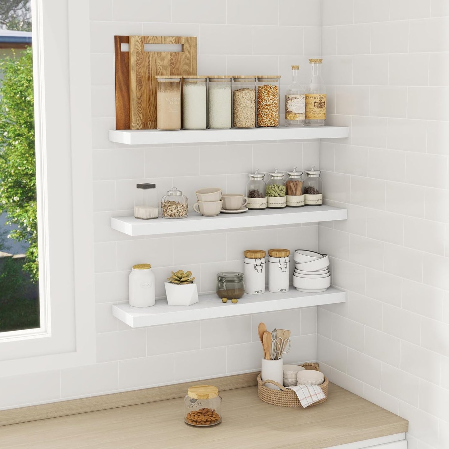 Fun Memories 30 Inch Floating Shelves Set of 3, Farmhouse White Wall Shelves for Kitchen, Living Room, Wall Mounted Bathroom Shelves in Black, 30 x 6.7 x1.4 Inch