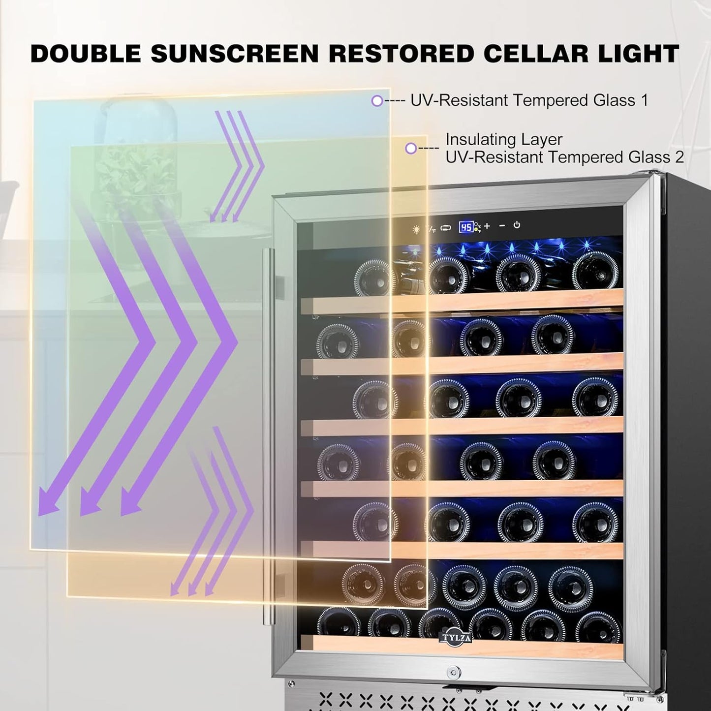 Tylza 24 Inch Wine Cooler Refrigerator, 51 Bottle Built-in or Freestanding, 24'' Fridge with Stainless Steel & Double Layer Tempered Glass Door and Temperature Memory Function