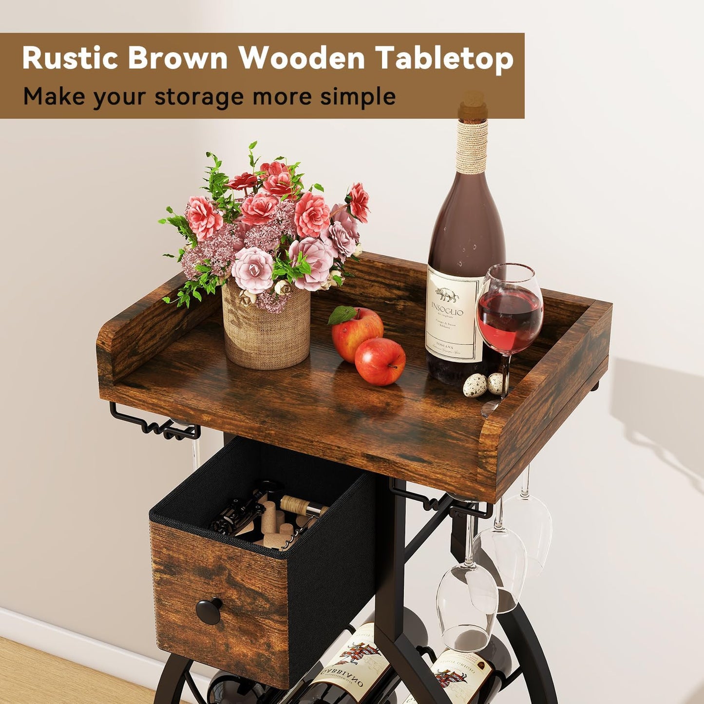 IBUYKE Wine Rack Freestanding Floor,Wine Storage 15 Bottles Bottle Rack with Glass Holders, Mini Bar Wine Cabinet with Storage Drawer for Home Bar Kitchen Dining Room,Rustic Brown,UTMJ908H