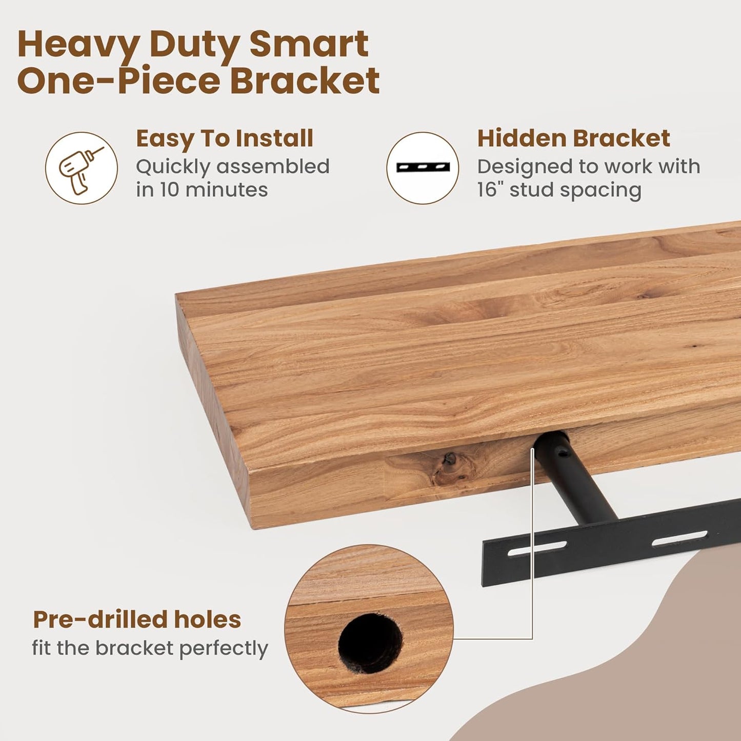 Floating Shelves for Wall Decor, Rustic Solid Elm Wood Live Edge Floating Shelves Wall Mounted, Wall Shelves with Invisible Bracket for Living Room Bathroom Bedroom Kitchen, 48 Inch, Natural