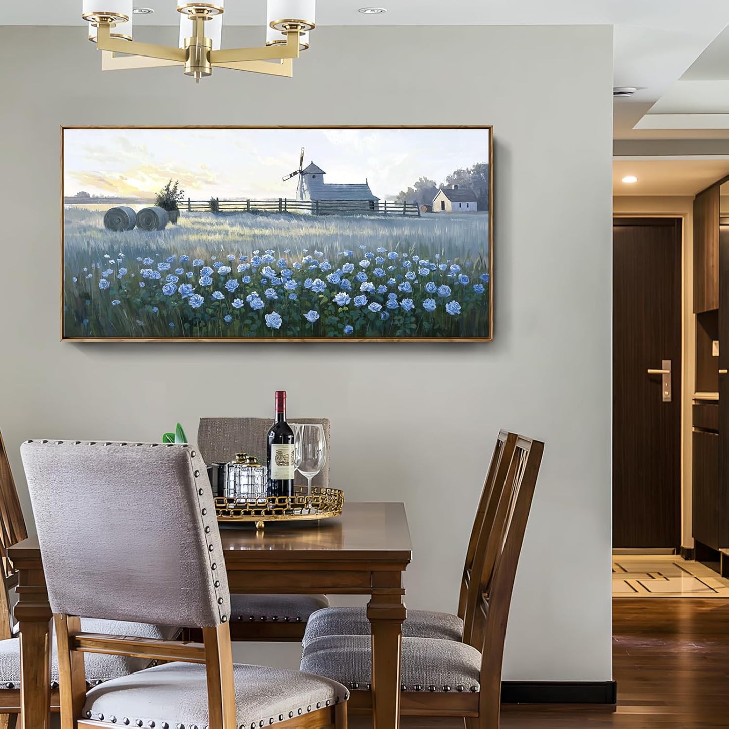 amatop Large Framed Country Landscape Wall Art – Blue Floral Canvas Art Print Vintage Rustic Farmhouse Picture Sunset Nature Artwork Wall Decor for Bedroom Dining Room Office Entryway 48x24 Inch