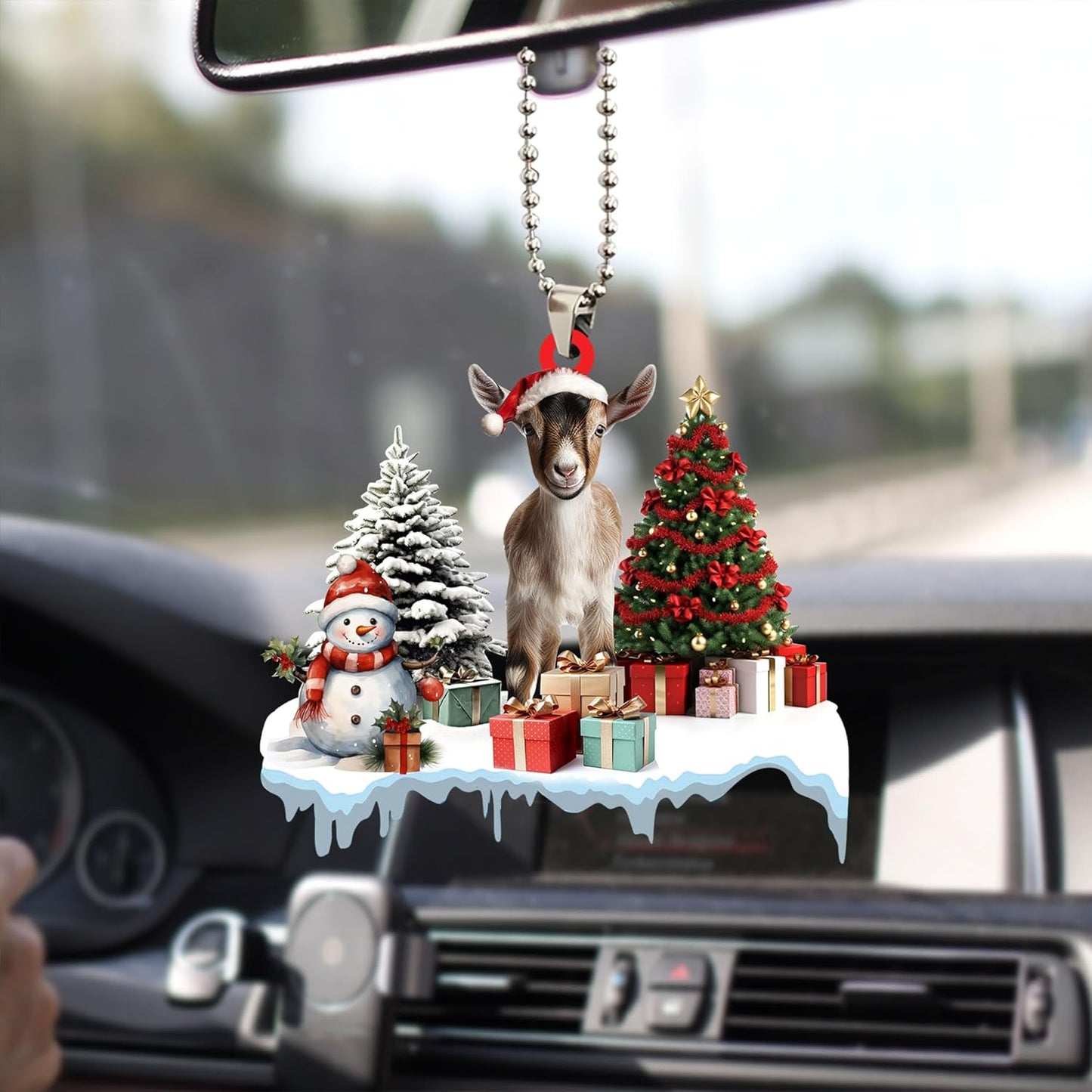 Talataca Goat 2D Flat Christmas Ornament, Goat Gift Boxes Pine Tree Decor, Hanging House Charm Eve Keepsake, Car Rear View Mirror Accessories, Xmas Gift