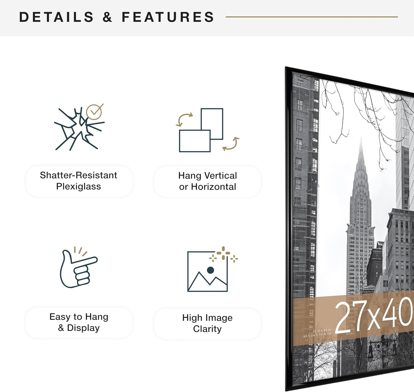 MCS Trendsetter Movie Poster Frame 27x40 Black High-Gloss, Vertical & Horizontal Wall Hanging Large Picture Frame for Photos, Artwork & Custom Posters (3-Pack)