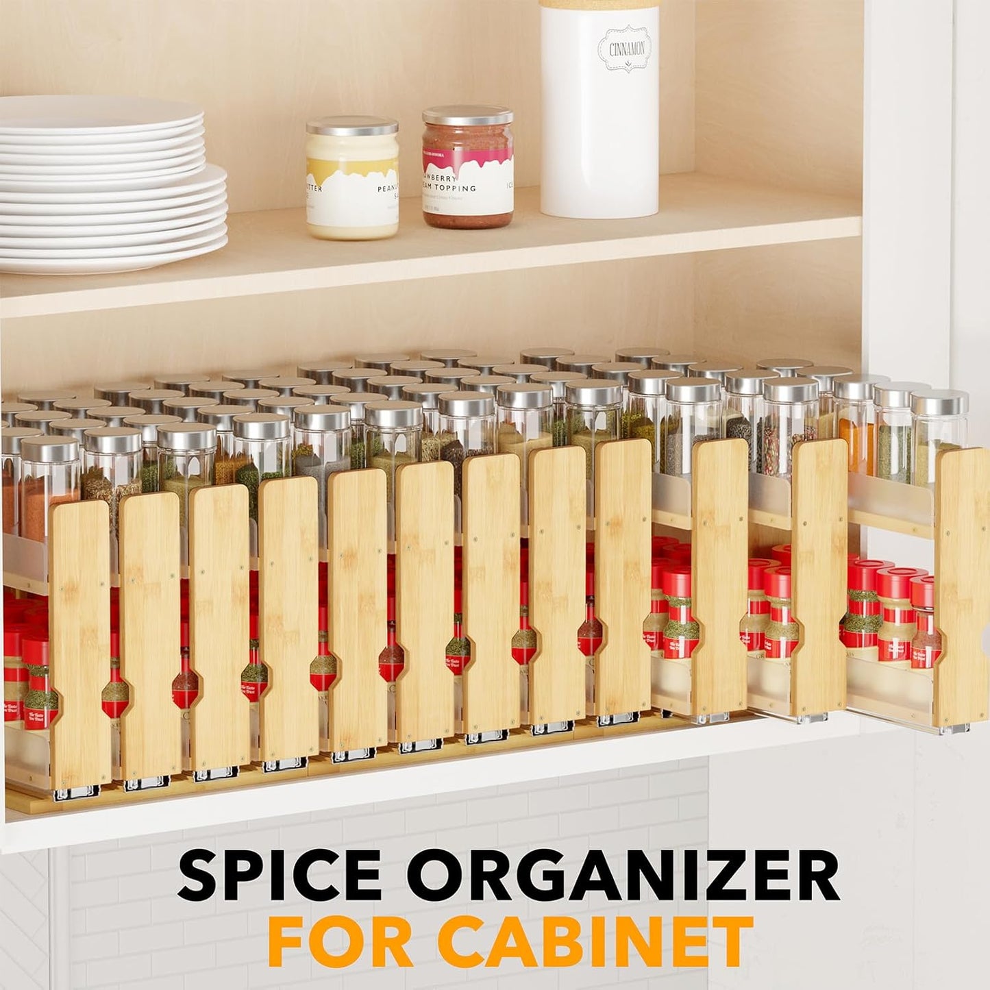 SpaceAid Bamboo Pull Out Spice Rack Organizer for Cabinet, Heavy Duty Slide Out Seasoning Kitchen Pantry Sliding Vertical Organization, 10.1" Wide, 4 Drawers(2" Wide), 2-Tier, Natural
