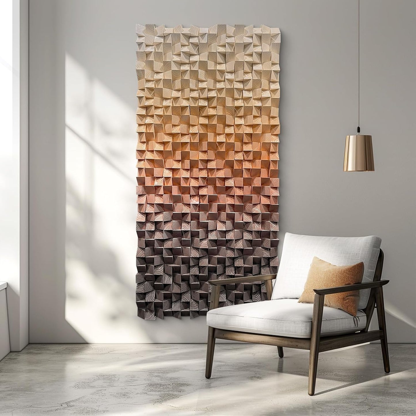 LIUZEYUE - 3D wooden block painting gradient coffee white art background wall wooden block abstract geometric wall decoration living room/bedroom/office modern minimalist style decoration 27.5"x55.1"