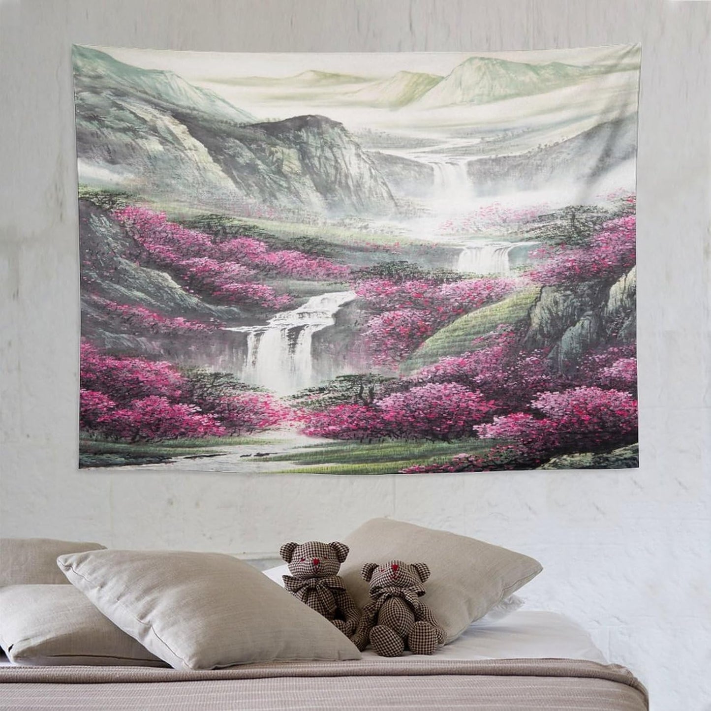 Japanese Tapestry, Red Plum Blossom Mountain Tapestry, Asian Japanese Wall Tapestry, Nature Landscape Tapestries for Bedroom Living Room Decor 80"x60"