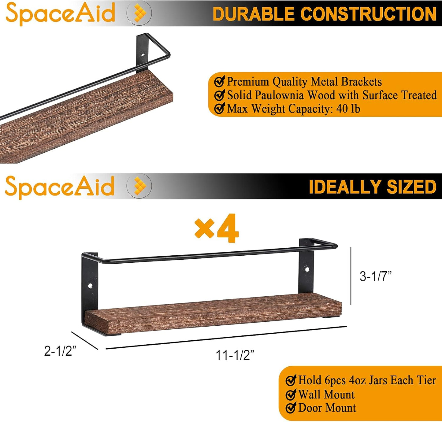 SpaceAid Spice Rack with 24 Spice Jars, 386 Spice Labels, Chalk Marker and Funnel, Wood Hanging Seasoning Shelf for Cabinet Door or Wall Mount (4 Pack)