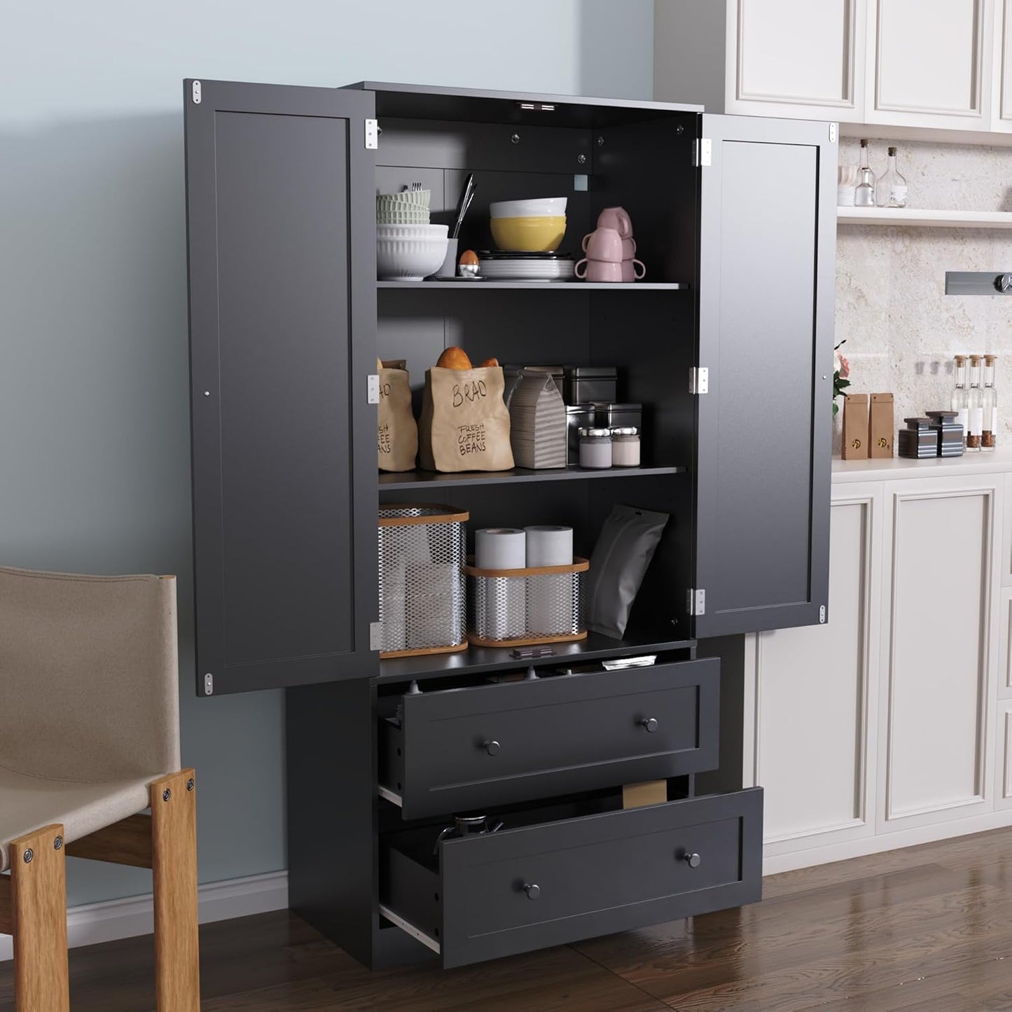 64.2" Tall Black Kitchen Pantry, Storage Cabinet with Doors and Drawers, Freestanding Wooden Organizer for Kitchen, Dining Room