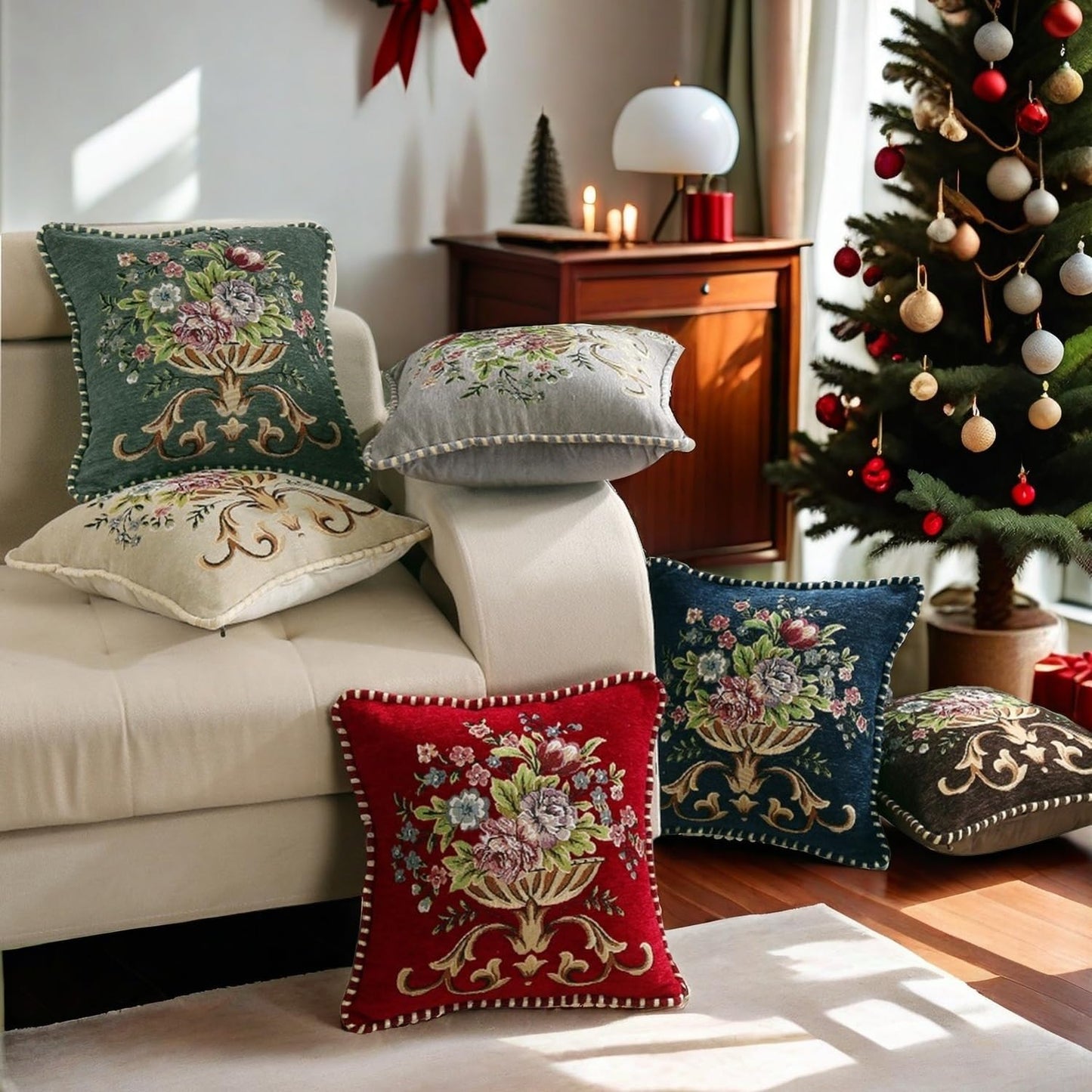 2 Pcs Grey Chenille Vintage Embroidered Throw Pillow Covers 18x18in,Grey Tassel Vintage Pattern Pillow Covers, Floral Embroidered Cushions Covers for Sofa Couch Bed Chairs Car