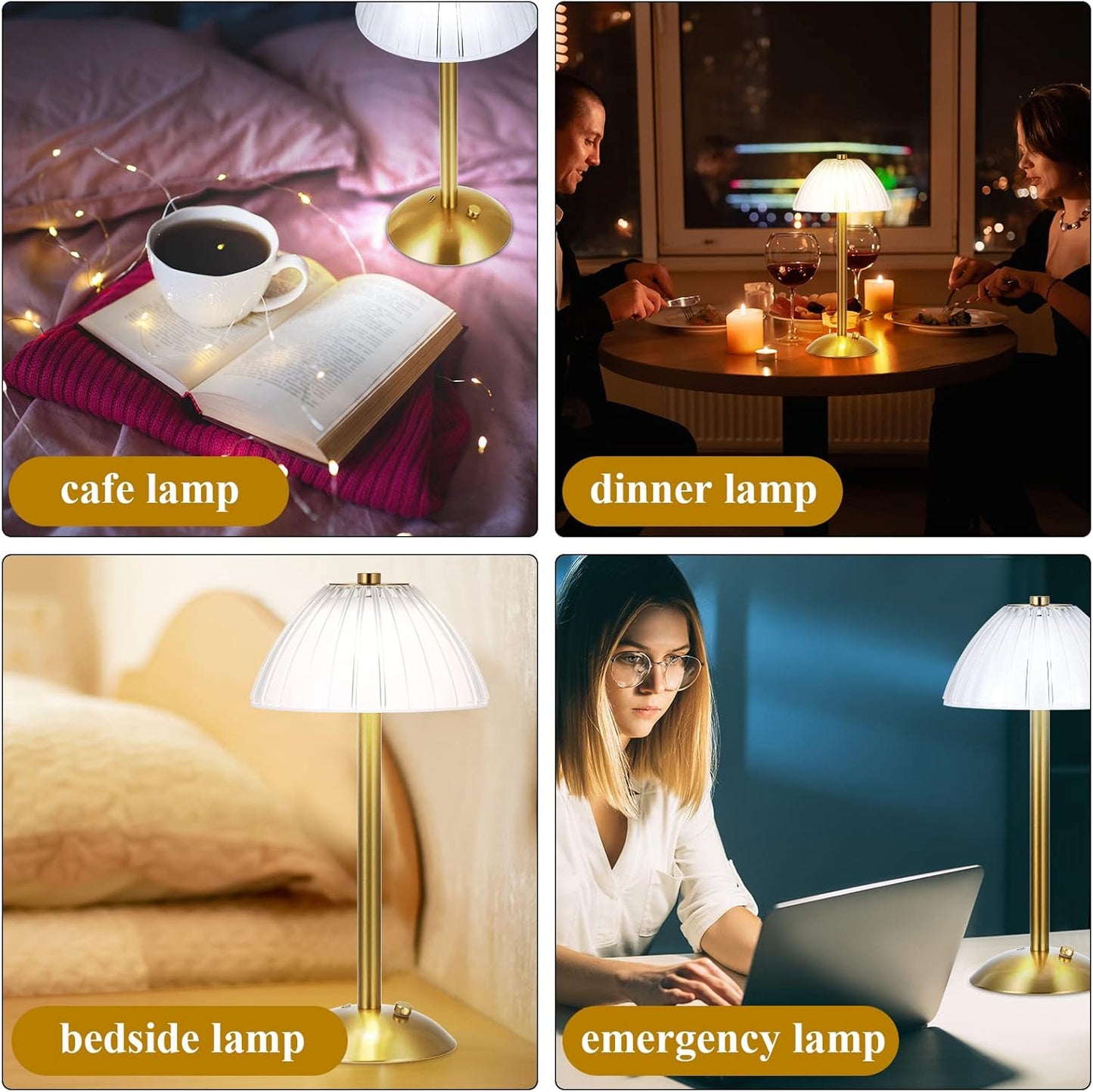 Liliful 4 Pcs LED Portable Cordless Table Lamp Touch Battery Operated Rechargeable Desk Lamp 3 Color Dimmable for Bedroom Living Room Dining (Mushroom Style,Gold)