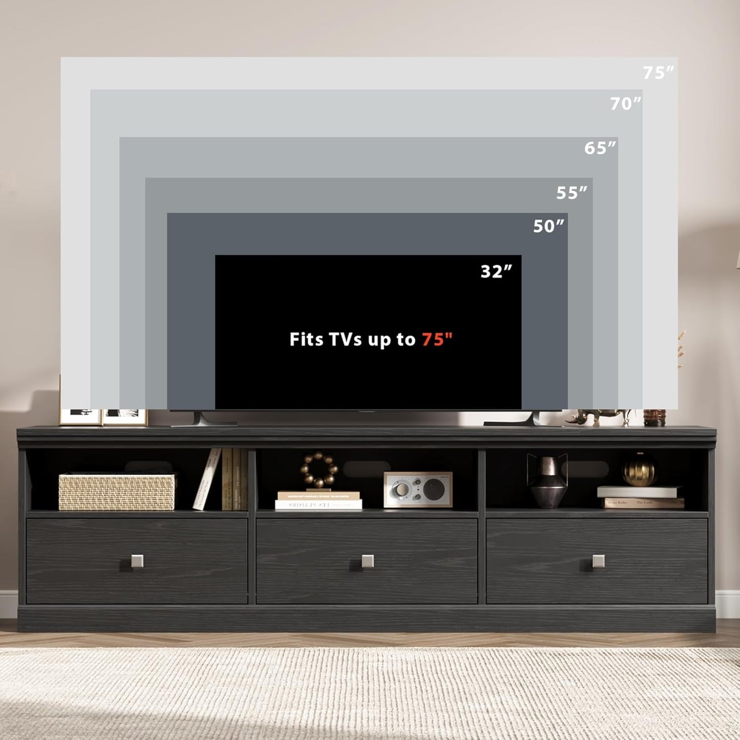 IDEALHOUSE 70in TV Stand for TVs up to 80", Mid Century Modern Entertainment Center with Storage Drawer and Open Shelves, TV Console Media Cabinet for Living Room, Bedroom, Black