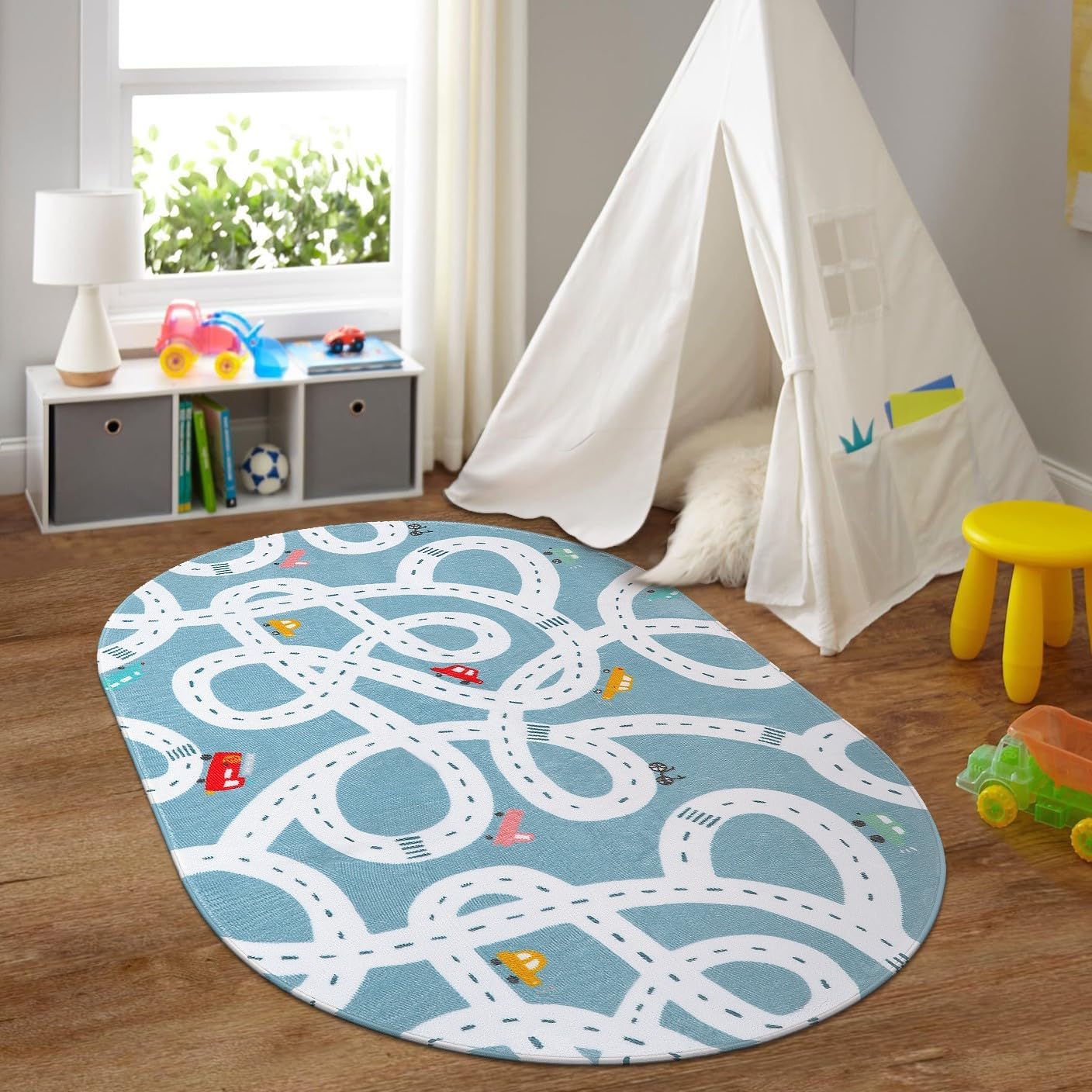 STARUIA Large Kids Playroom Rug, 4'x6' Washable Road Rug for Nursery, Non-Slip Fun Area Rugs for Kids Room, Blue Car Rugs Play Mat Soft Baby Carpet for Boys Girls Dorm Toy Room Tent