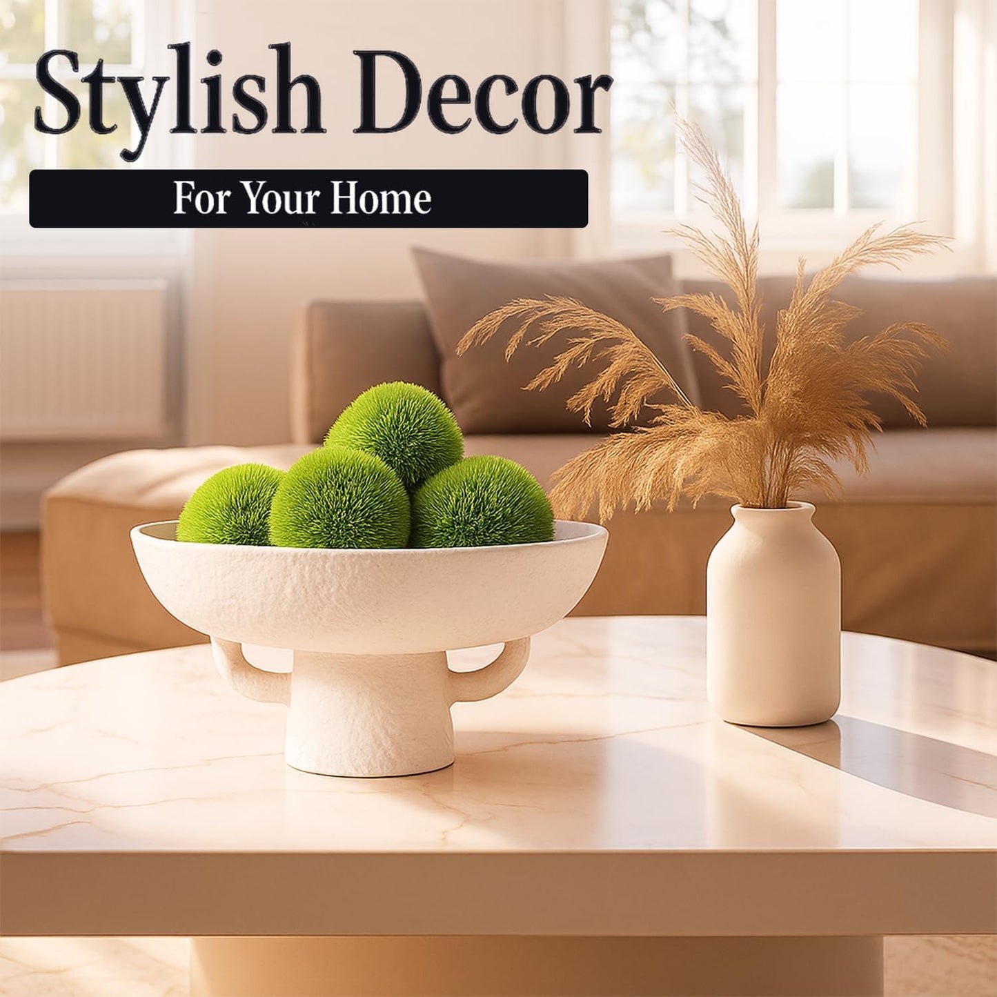 Luxurious White Textured Ceramic Bowl and Greenery Set,12.5x10.5 Inch Pedestal Decorative Bowl, with 6 Green Succulent Moss Balls, Counter Top, Farmhouse Table Centerpiece, Living Room, Kitchen Decor