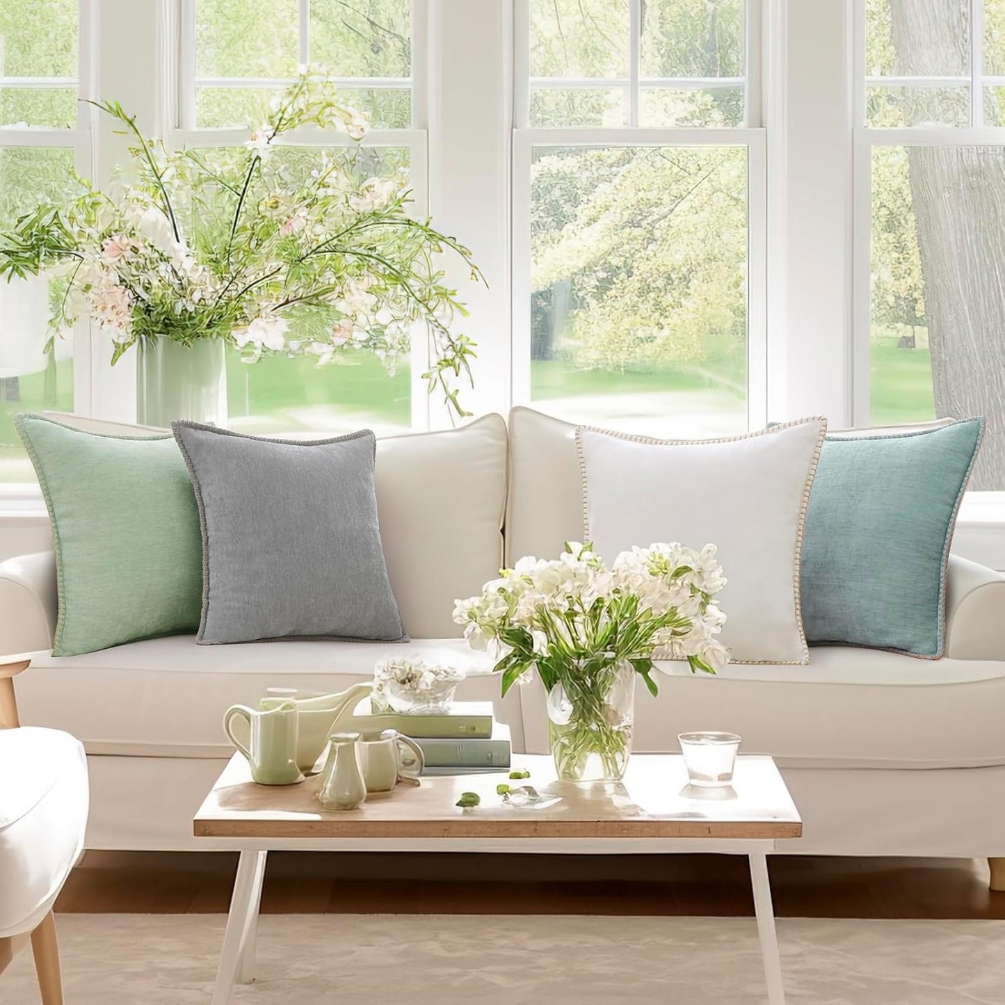 decorUhome Chenille Soft Throw Pillow Covers 24x24 Set of 2, Farmhouse Velvet Neutral Decorative Euro Pillow Covers with Stitched Edge for Couch Sofa Bed Home Decor, Aqua Haze