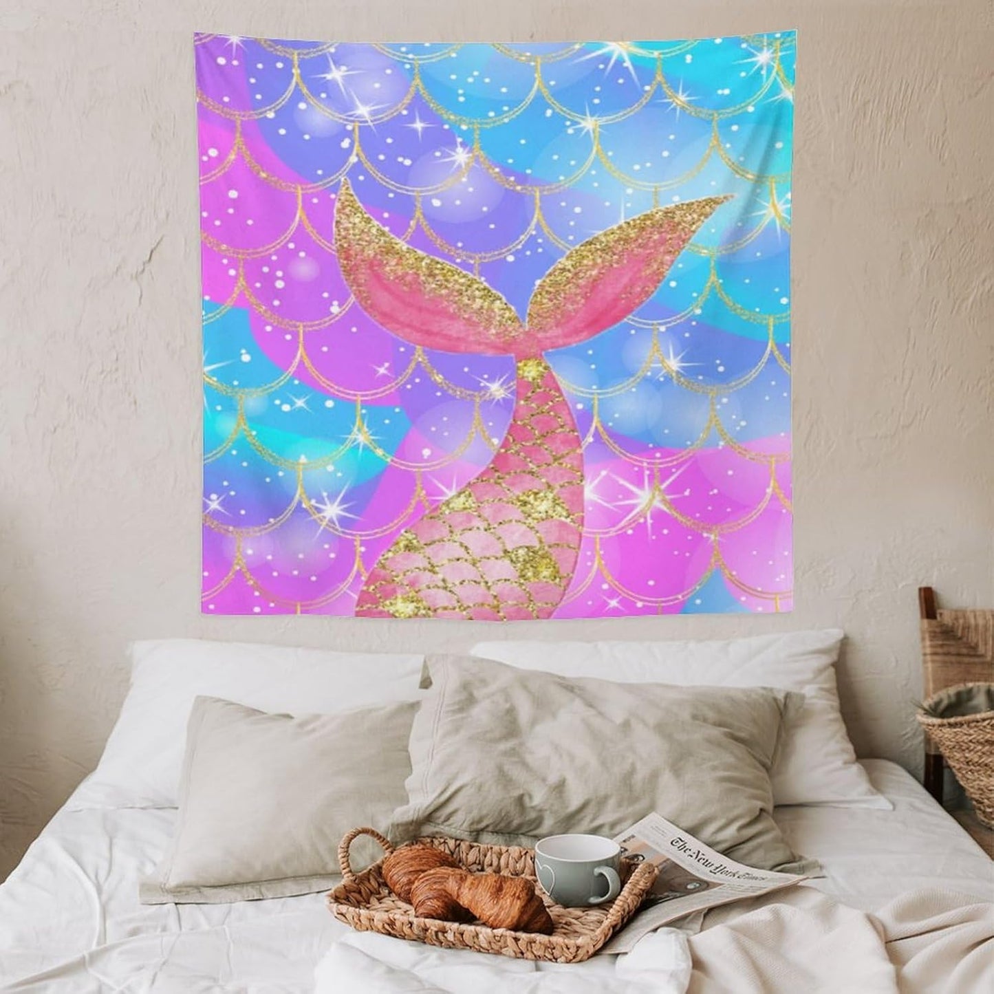 HZOHNAGO Mermaid Scales Tapestry Colorful Shiny Scales Mermaid Tail Pattern Printed Wall Tapestry Wall Hanging for Bedroom Living Room Dorm 60" W x 60" H