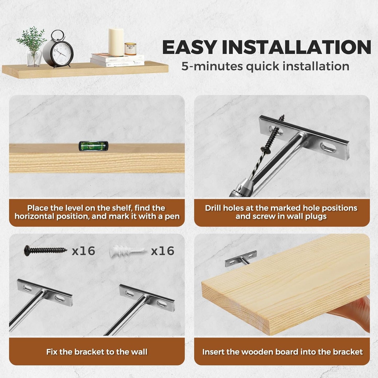 Floating Wall Shelves 4-Pack - Rustic Wood 16-inch Wooden Wall Shelves for Storage and Décor, Multi-Functional and Easy to Install for Living Room, Bedroom, and Kitchen