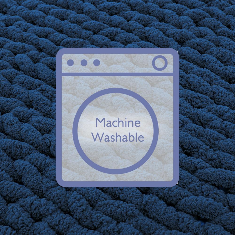 Bigacogo Chunky Knit Throw Blanket for Couch, 40x80 inches, 100% Hand Knitted with Thick Jumbo Chenille Yarn, Cozy Soft Large Rope Knot Cable Crochet Blankets for Sofa Bed Living Room, Navy Blue