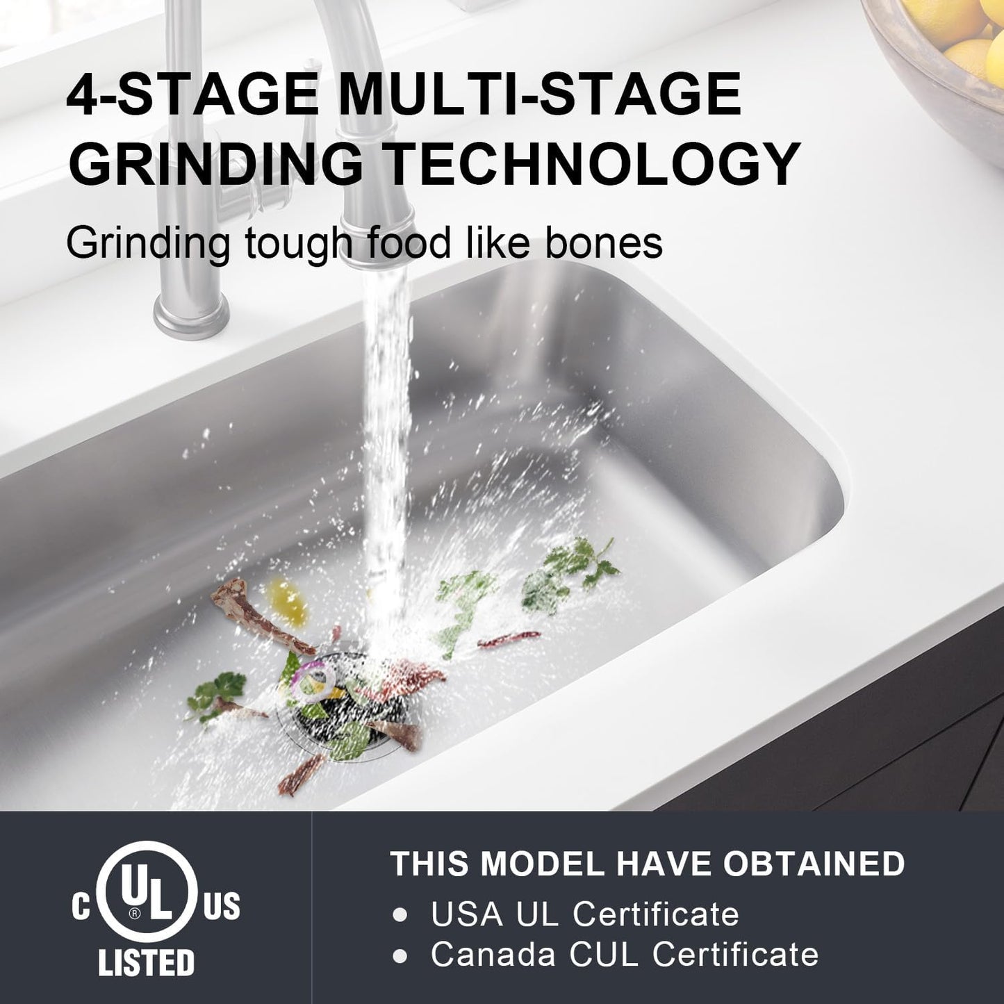 Garbage Disposal 3/4 HP Ultra Quiet powerful grinding Kitchen Food Waste Disposer with Power Cord Easy install, AC Motor Unit Continuous Feed Stainless Steel Grind 0.75 Horsepower (MAX-5)