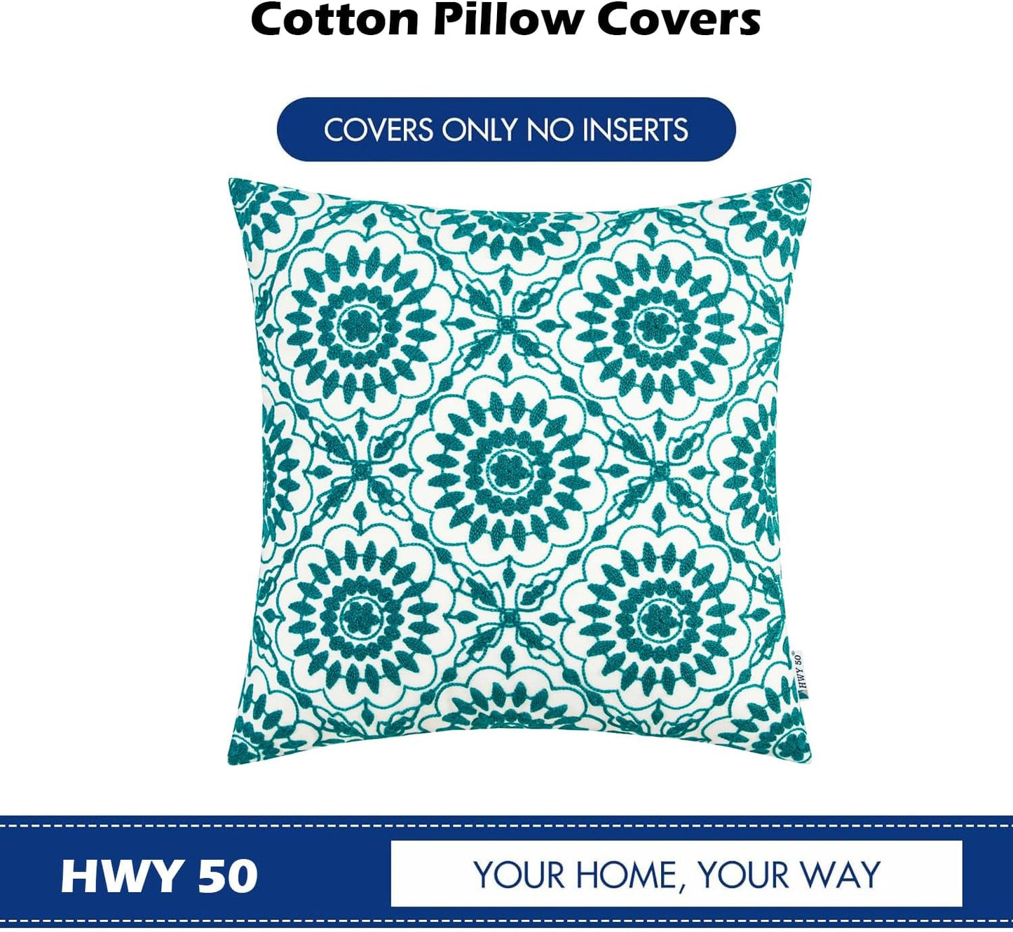 HWY 50 Teal Decorative Throw Pillow Covers 18x18 Inch (1 Piece), Embroidered Cotton Farmhouse Cushion Cover Pillow Case for Sofa Couch Living Room Bed, Little Sunflower
