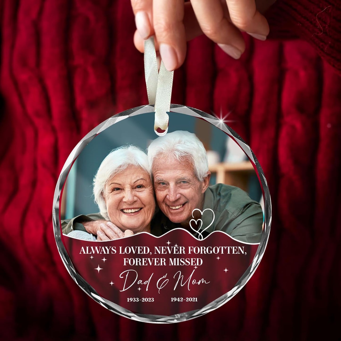 Personalized Memorial Ornament for Dad & Mom β Custom Photo Suncatcher with Names & Dates β Always Loved Never Forgotten β Loss of Parents Christmas Ornament β Remembrance Gift for Family