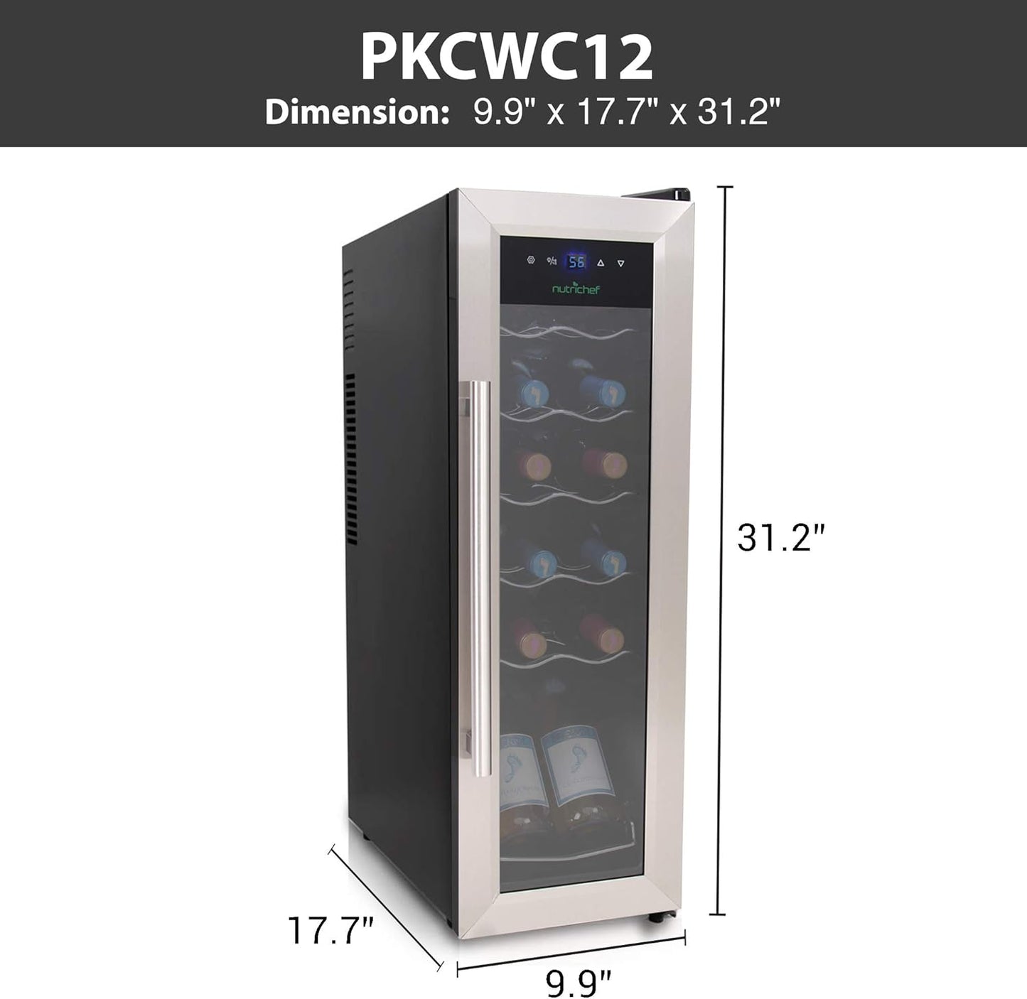 NutriChef PKCWC12 12 Bottle Cooler Refrigerator White and Red Countertop Chiller, Freestanding Compact Mini Wine Fridge with Digital Control, Stainless Steel
