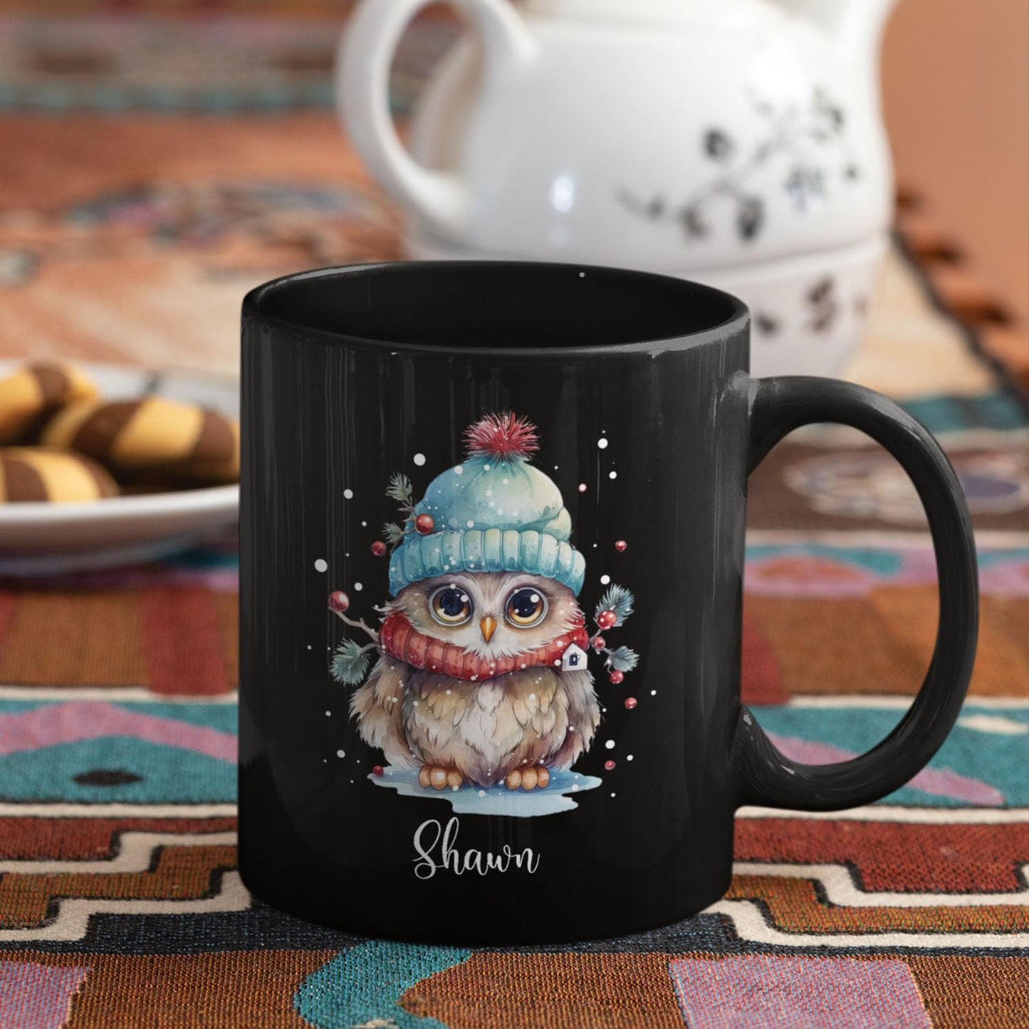 Winter Owl Design Coffee Mug - Custom Christmas Animal Black Cup, Personalized Name Themed 11oz 15oz Ceramic Cup for Owl Lovers, Xmas Decorative Gift
