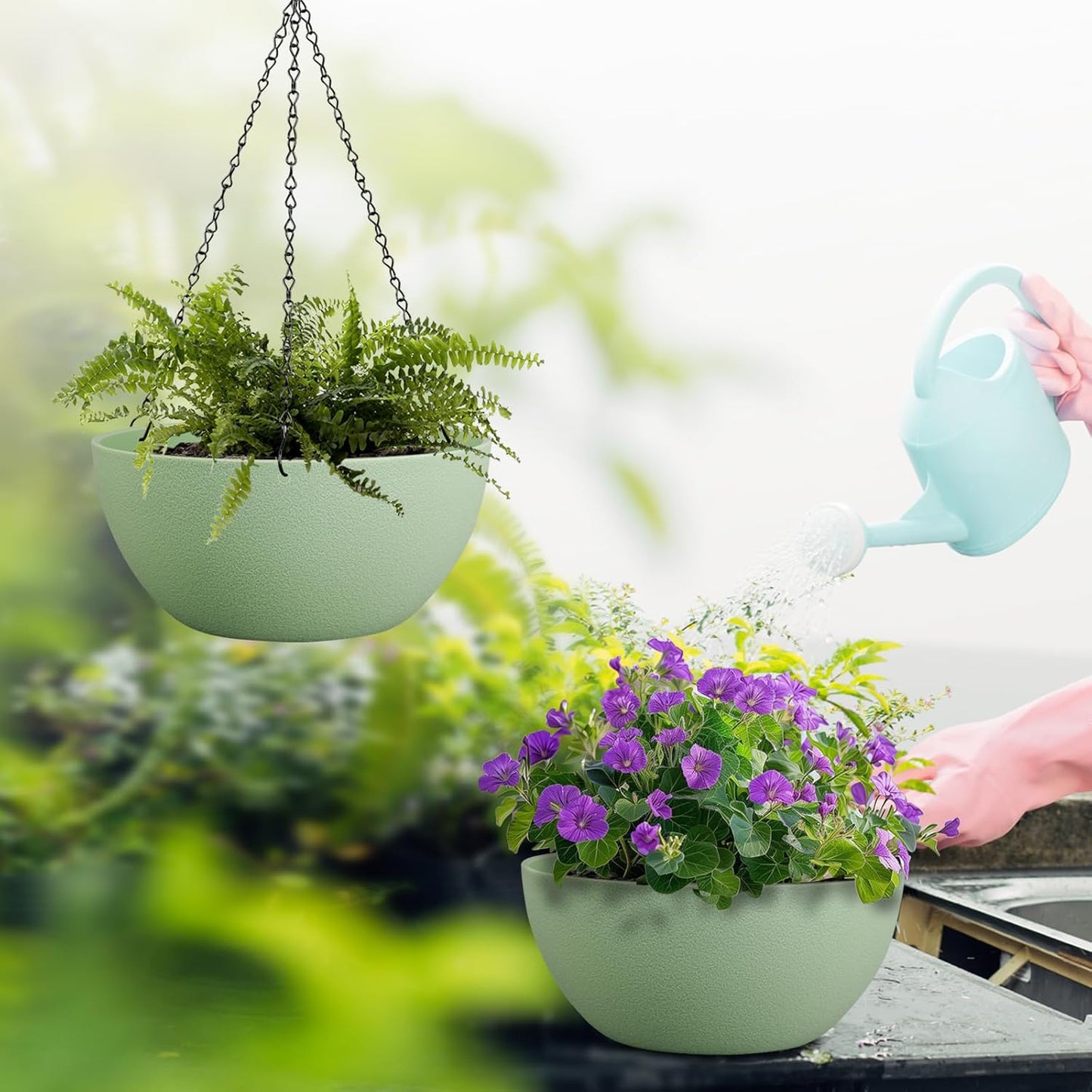 13 inch Large Hanging Planters Plant Pots for Outdoor Indoor Plants with Drainage Holes and Chain, 2 Pack Round Hanging Flower Pots for Garden Home Porch Decor, Green