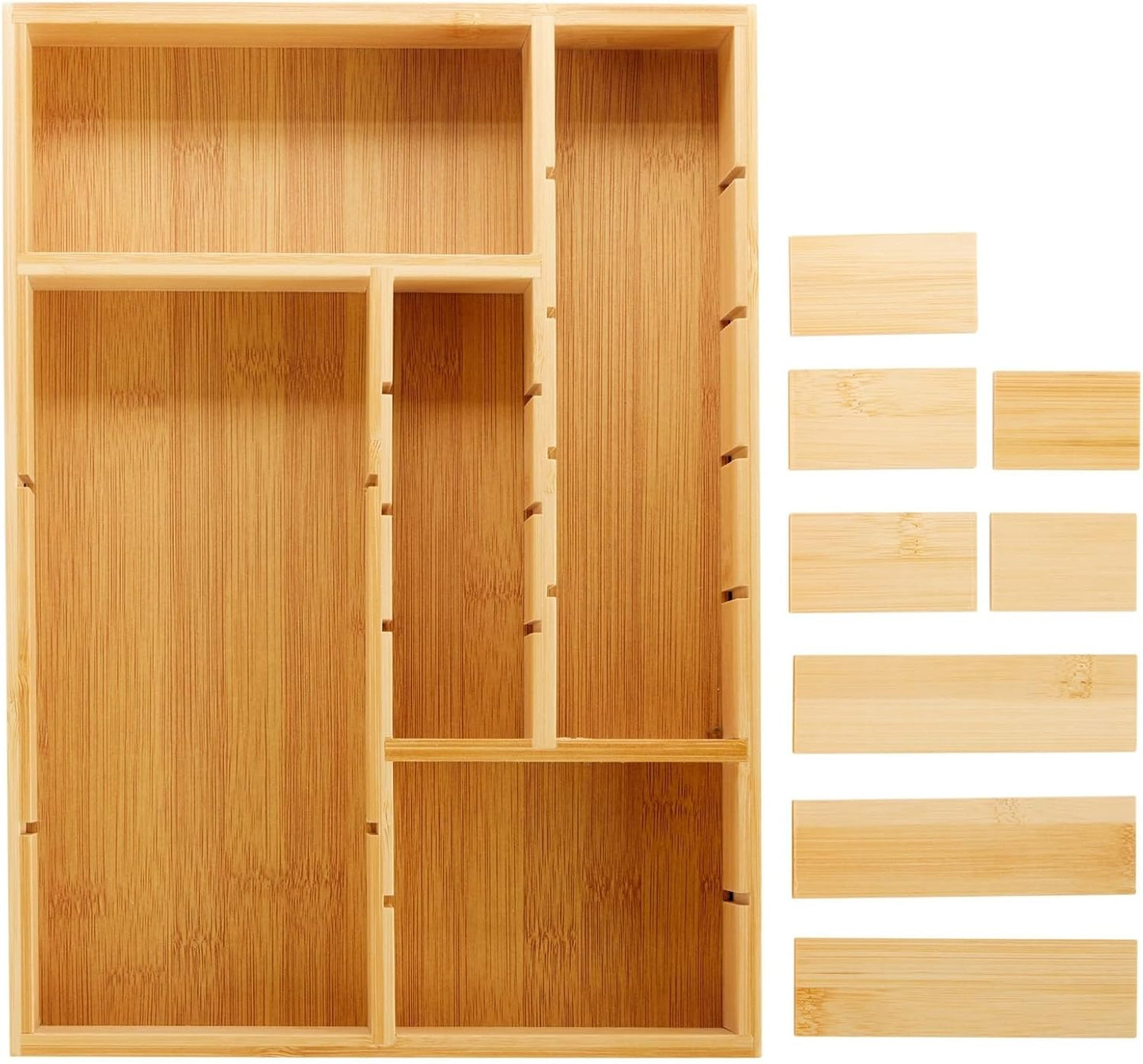 Juvale Drawer Organizer Tray - 14 x 10 x 2 In Brown Bamboo - 8 Adjustable Dividers for Custom Storage - Silverware & Utensil Organizer - Desk Drawer Divider - Versatile Wooden Divided Tray