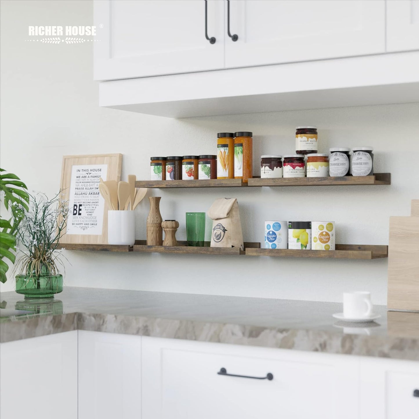 RICHER HOUSE 5 Set Floating Shelves for Wall Decor, Wall Mounted Book Shelf, Nursery Shelves Picture Ledge Shelf with Lip for Wall Storage, Bedroom, Living Room, Bathroom - Brown