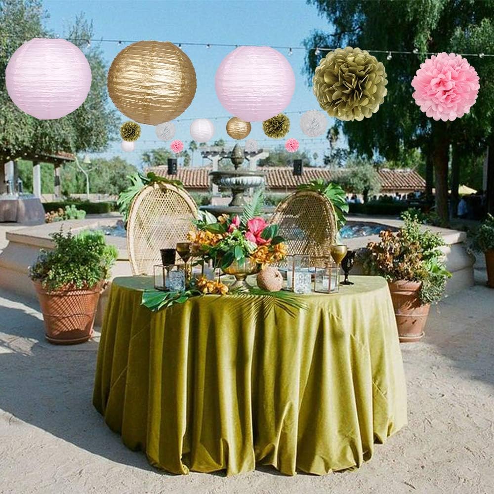 Pink Gold Party Decorations, Pink Gold Paper Lanterns and Pom Poms Flowers for Birthday Party Baby Showers Engagement Tea Party Decor 15PCS
