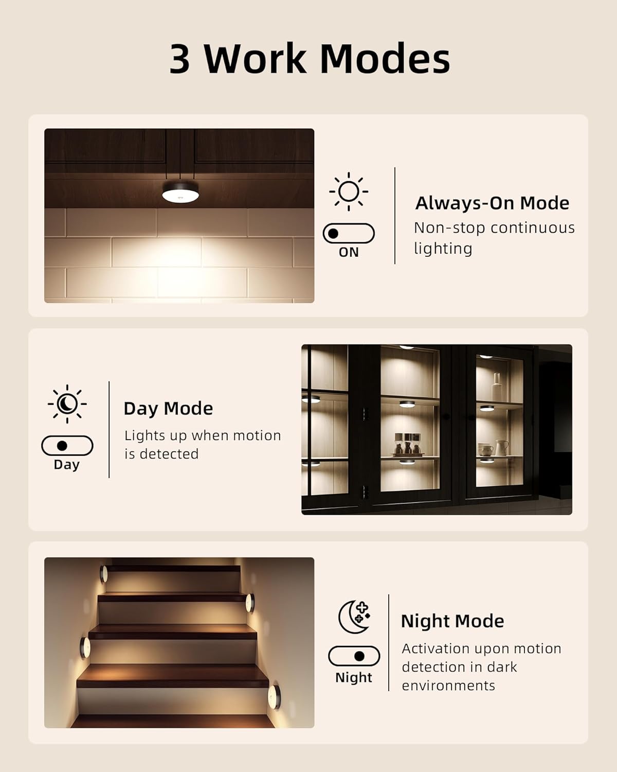 EZVALO Under Cabinet Lighting,1000mAh Rechargeable Puck Lights with Remote,3 Color Temps & 12 RGB Motion Sensor Closet Lights Indoor,Dimmable Under Cabinet Lights for Kitchen,Cabinets,Closet (3 Packs)