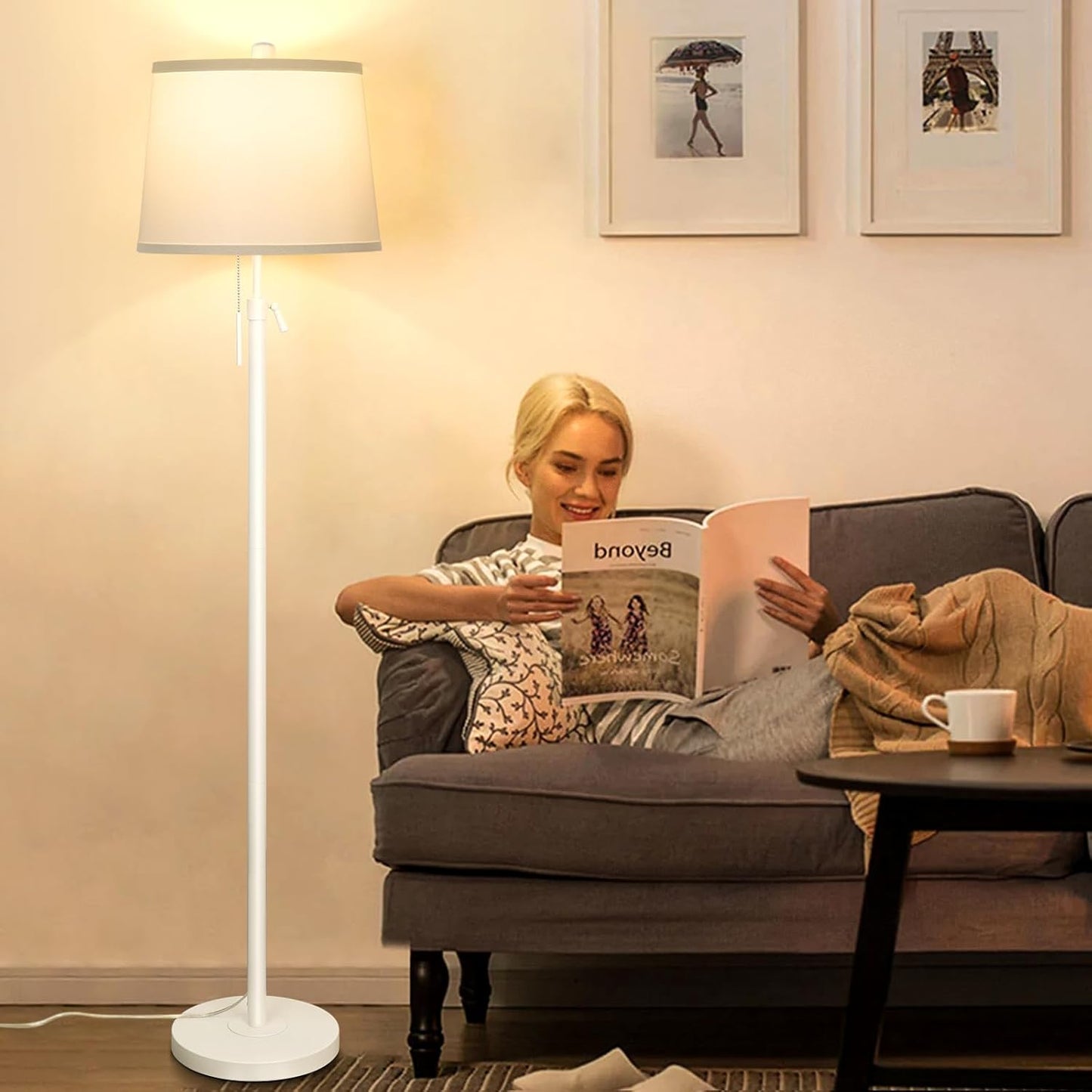 White Floor Lamp for Living Room 55-65" Adjustable Height Modern Standing Lamp with Pull Chain Tall Pole Light with White Shade for Bedroom Reading Office Corner Nursery 9W LED Bulb Included 3 Color