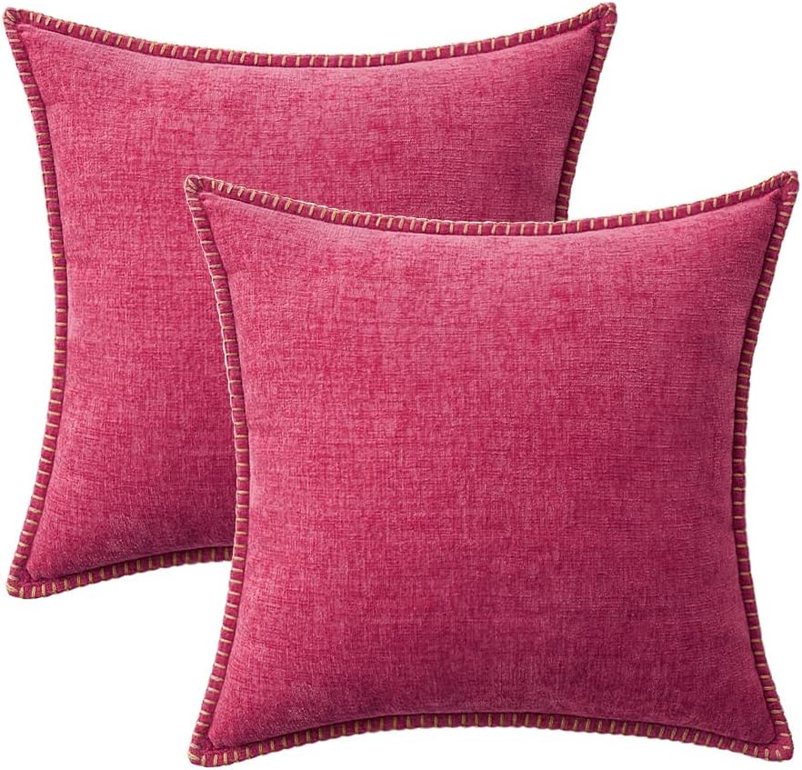 MIULEE Pack of 2 Couch Throw Pillow Covers 20x20 Inch Hot Pink Farmhouse Decorative Pillow Covers with Stitched Edge Soft Chenille Solid Dyed Spring Pillow Covers for Sofa Bed Living Room